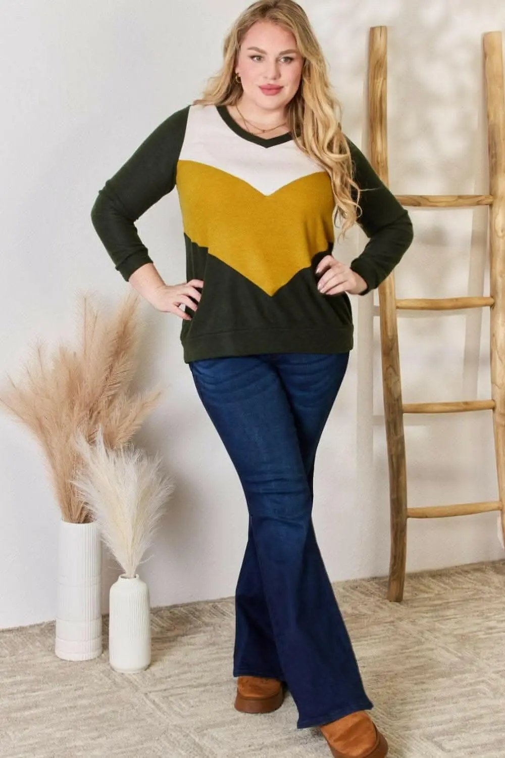Plus Size Colorblock Blouse Olive | Trendsi Versatile