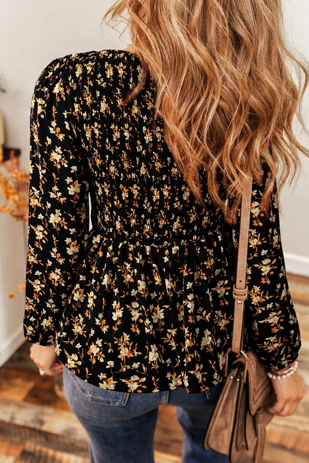 Women's Floral Print Smocked Waist Long Sleeve Blouse