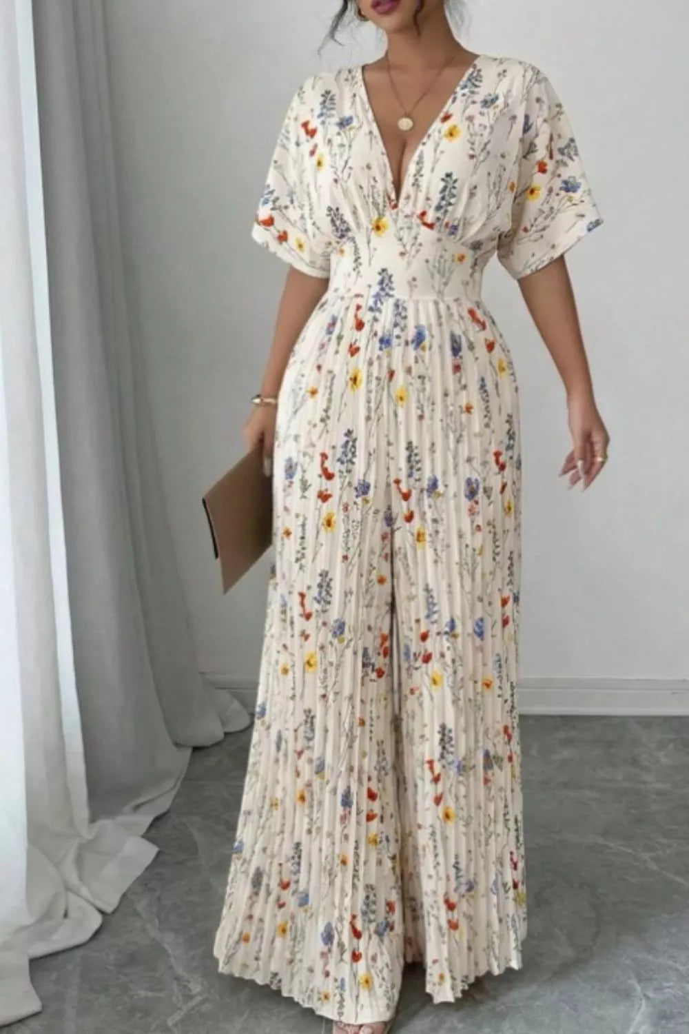 Floral Print Pleated Wide Leg Jumpsuit