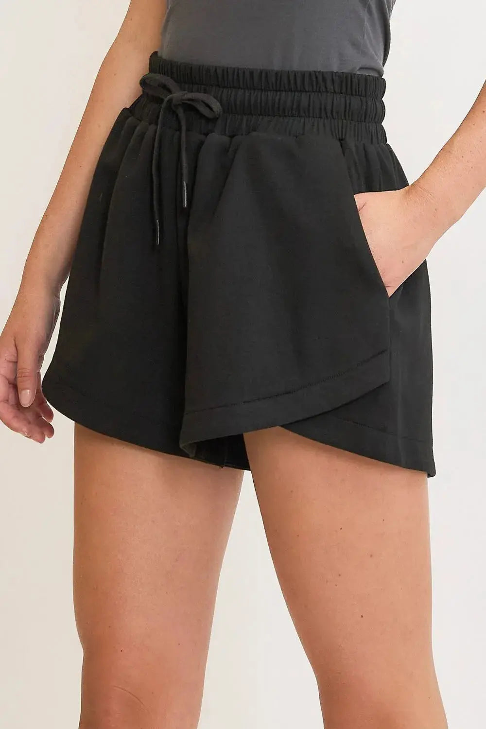 Umgee Full Size Black Drawstring Sweat Shorts with Pockets