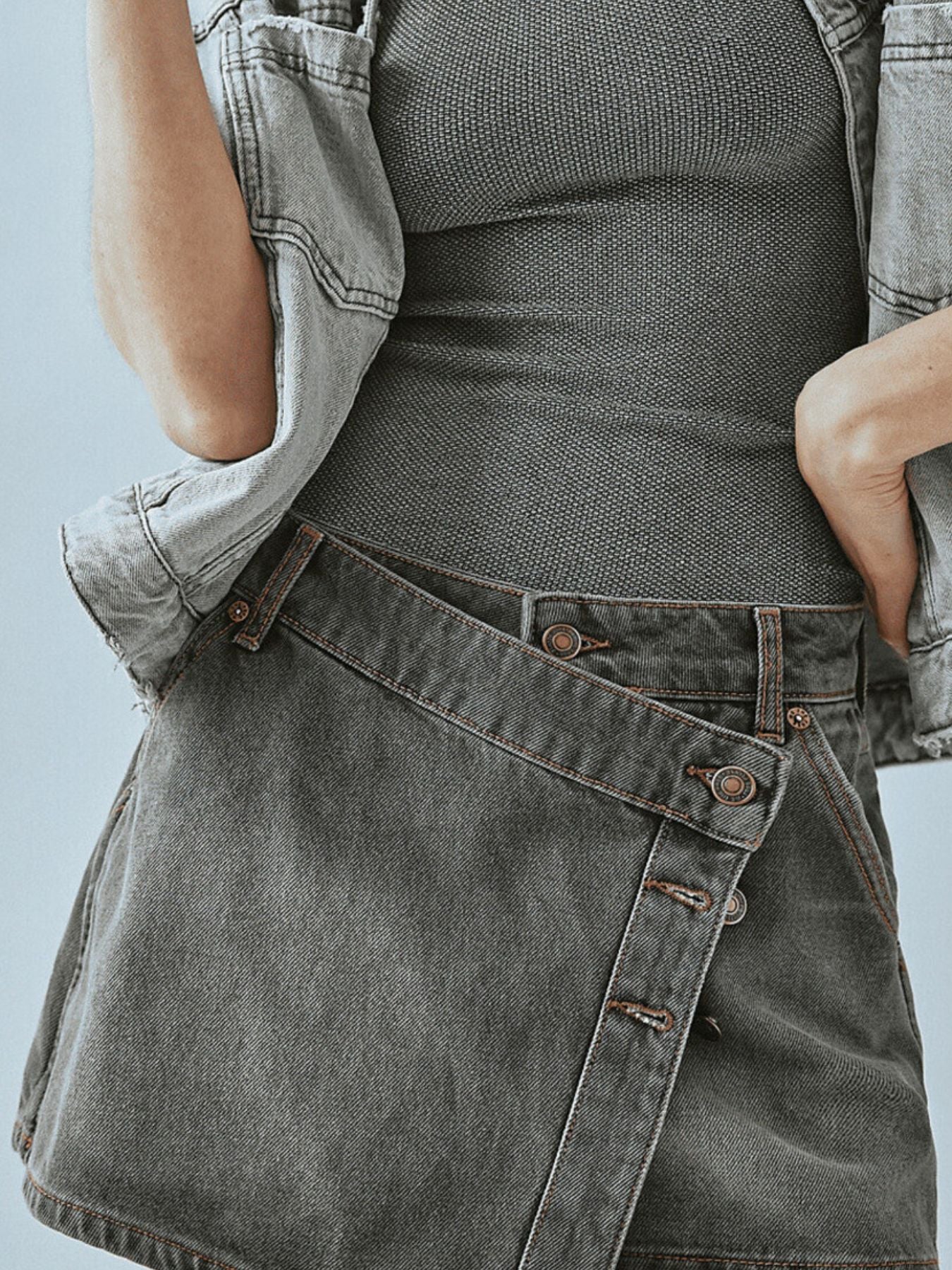 Asymmetrical Button Front Denim Skort