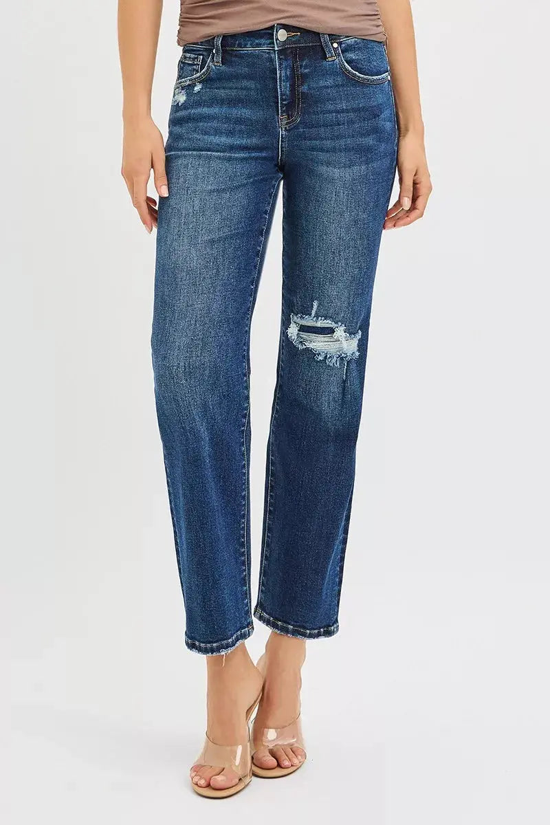 High Rise Crop Slim Straight RISEN Jeans with Hidden Knee Patch