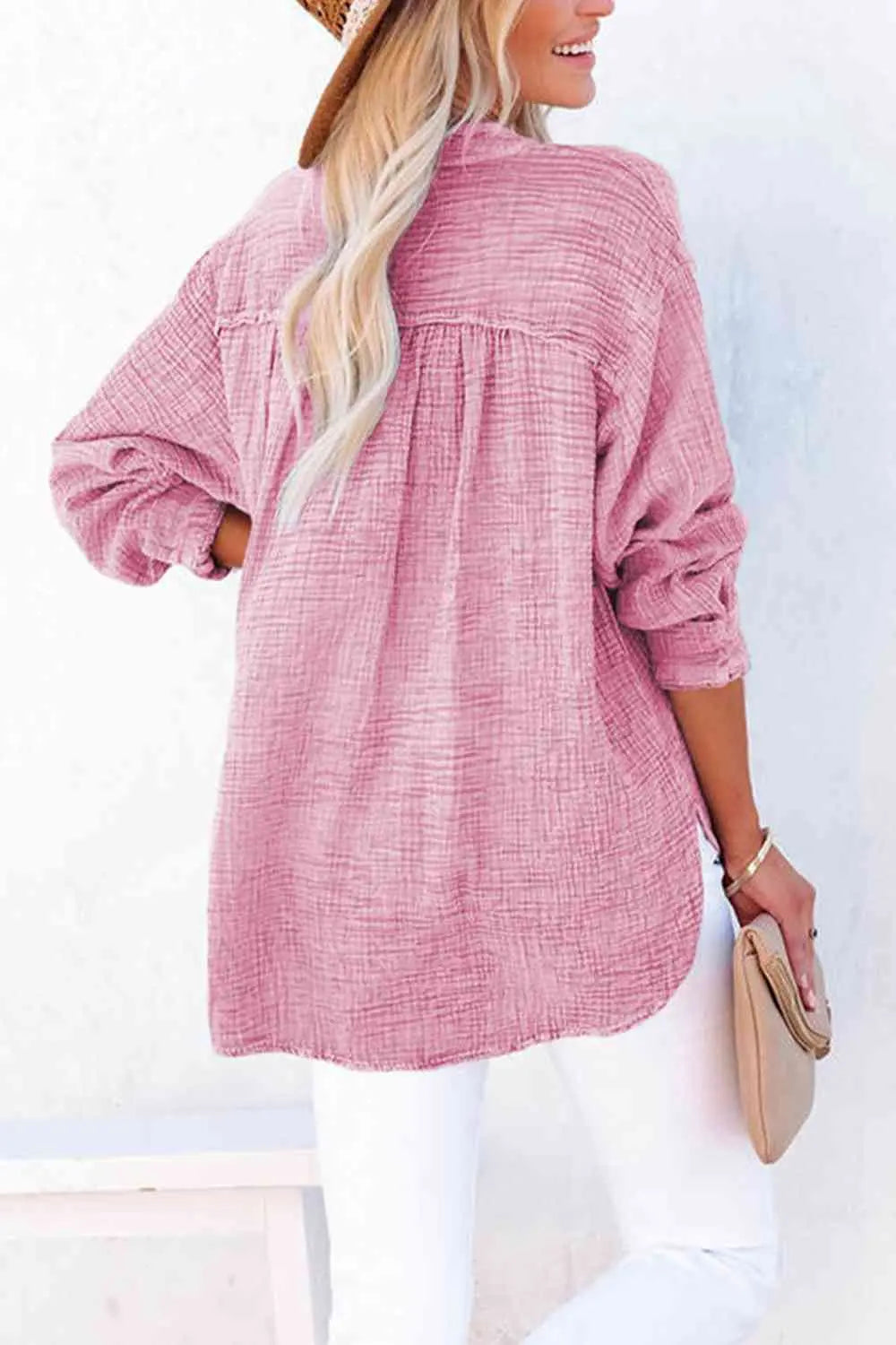 Women's Textured Cotton Buttoned Long Sleeve Blouse