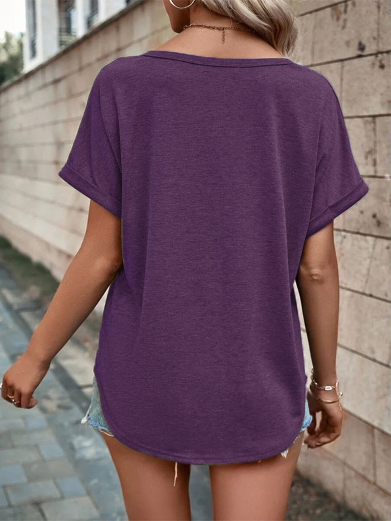 Full Size Decor Button Short Sleeve T Shirt