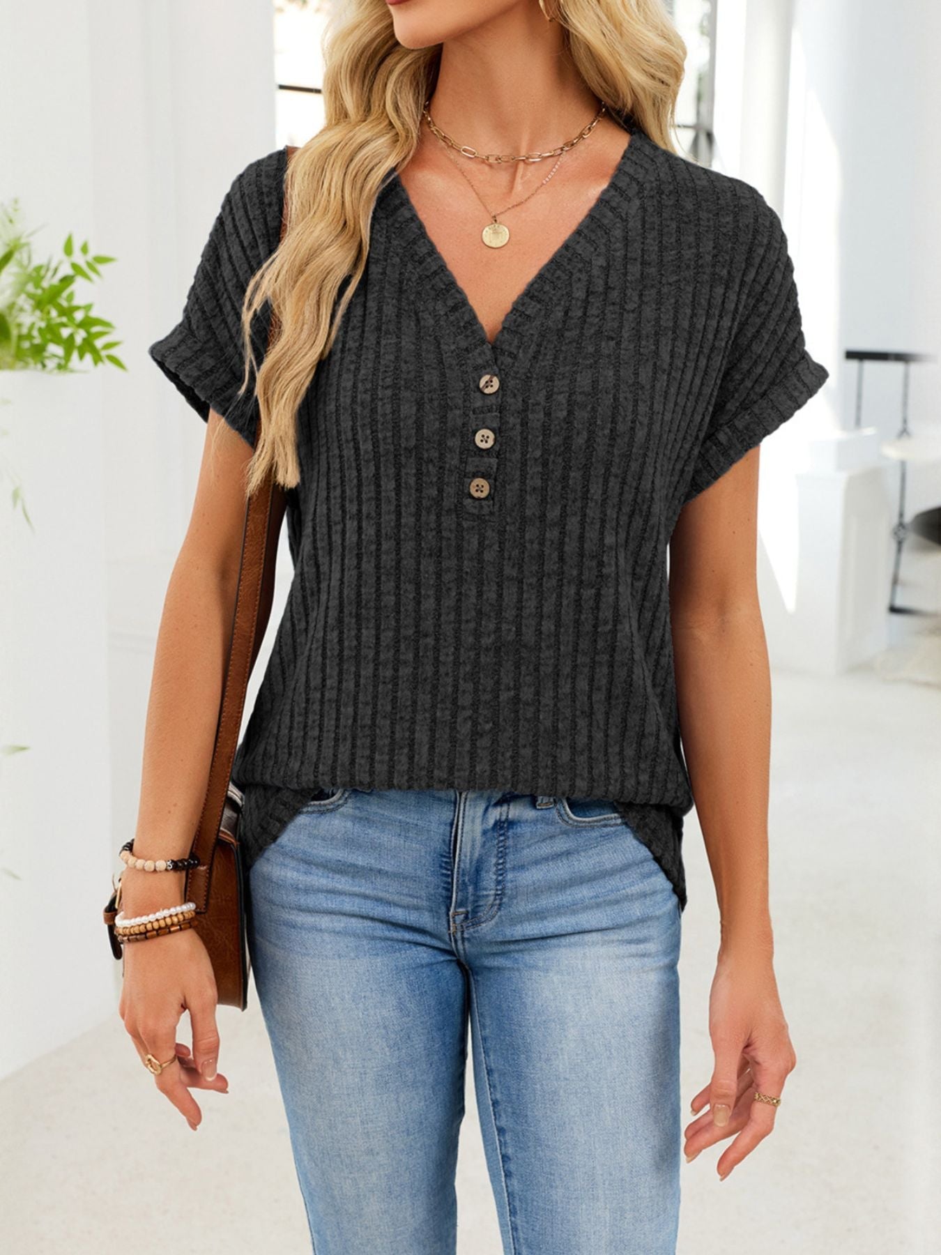 V Neck Ribbed Knit T Shirt
