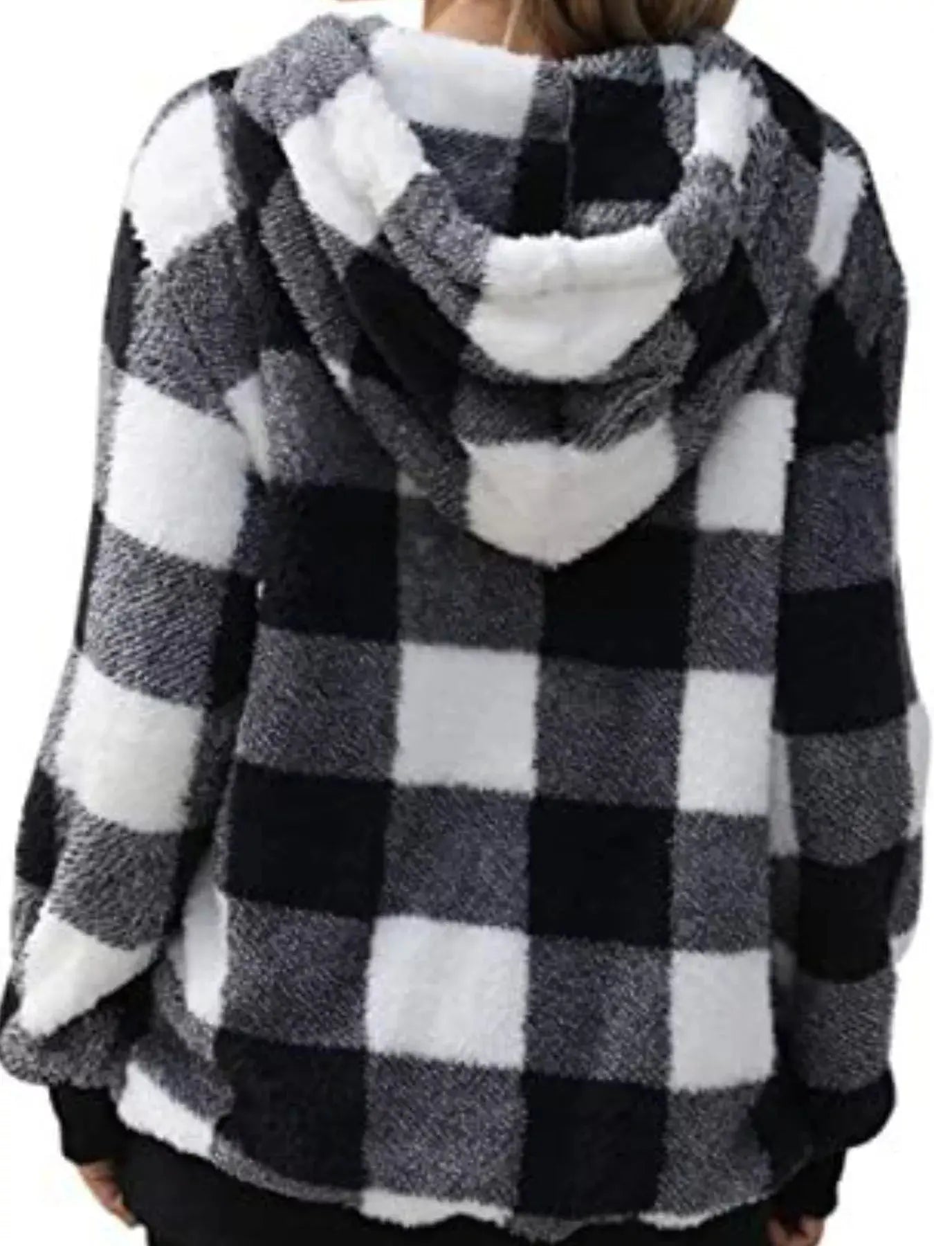 Plus Size Plaid Drawstring Sherpa Hoodie