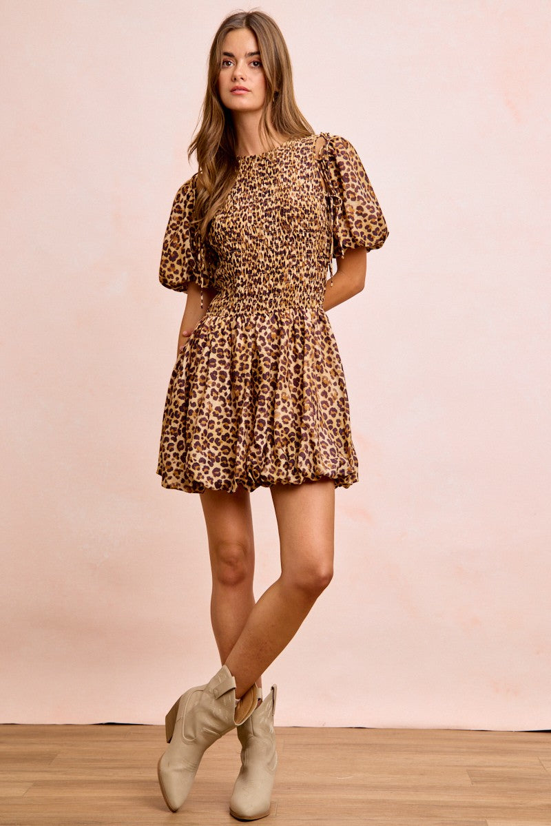 Leopard Print Dress With Attachable Puff Sleeves