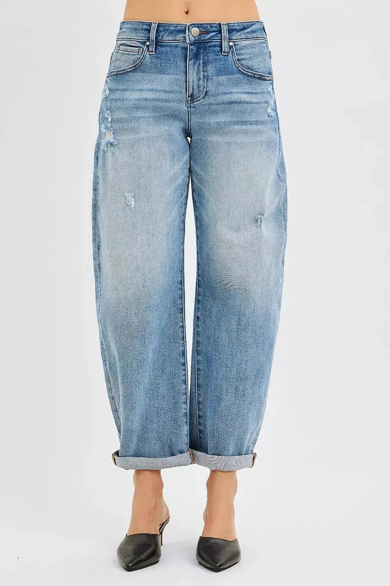 RISEN Jeans - Full Size Slouchy Ankle Length Barrel Jeans with Cuffs