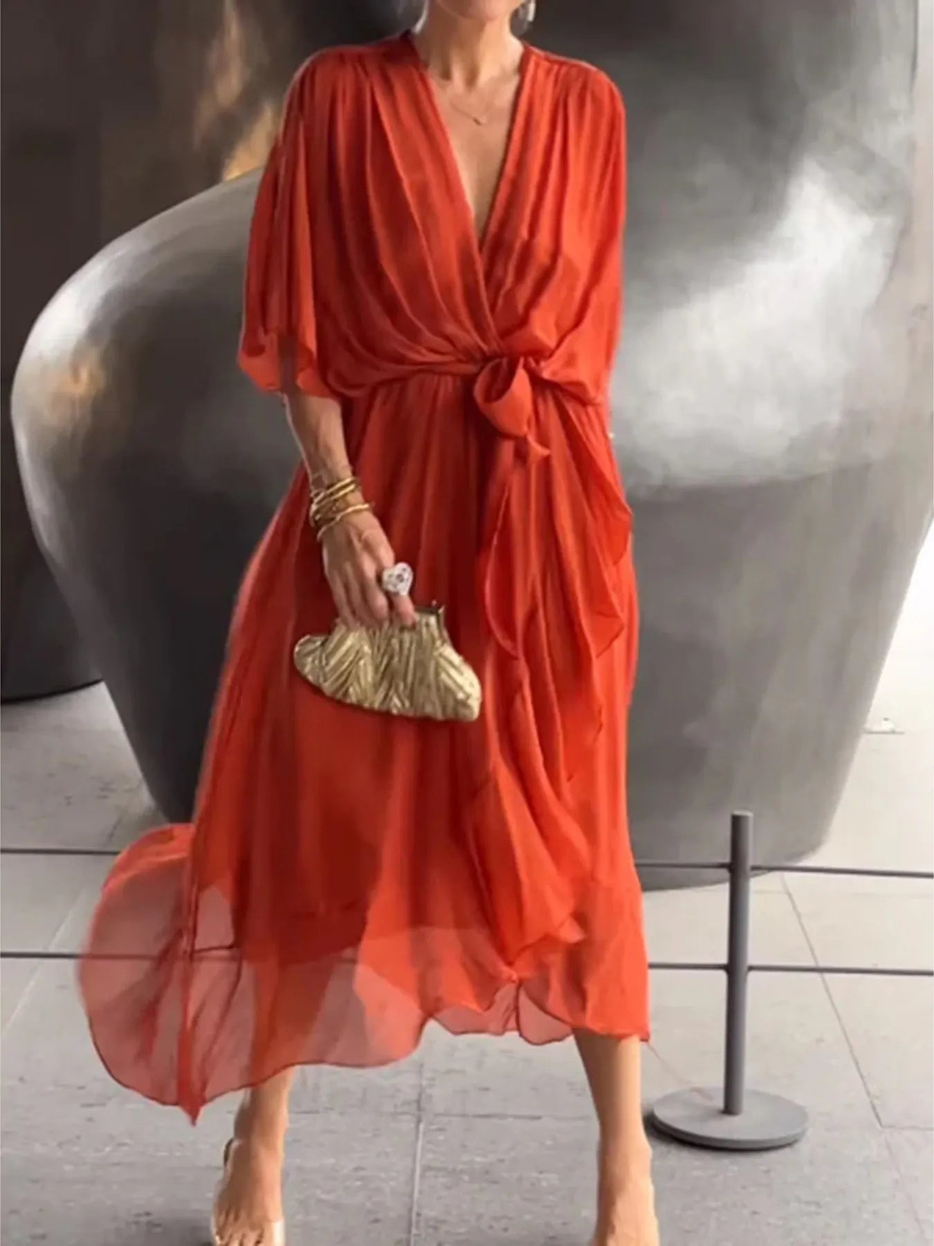 Flowy Tie Front Midi Dress with Flutter Sleeves