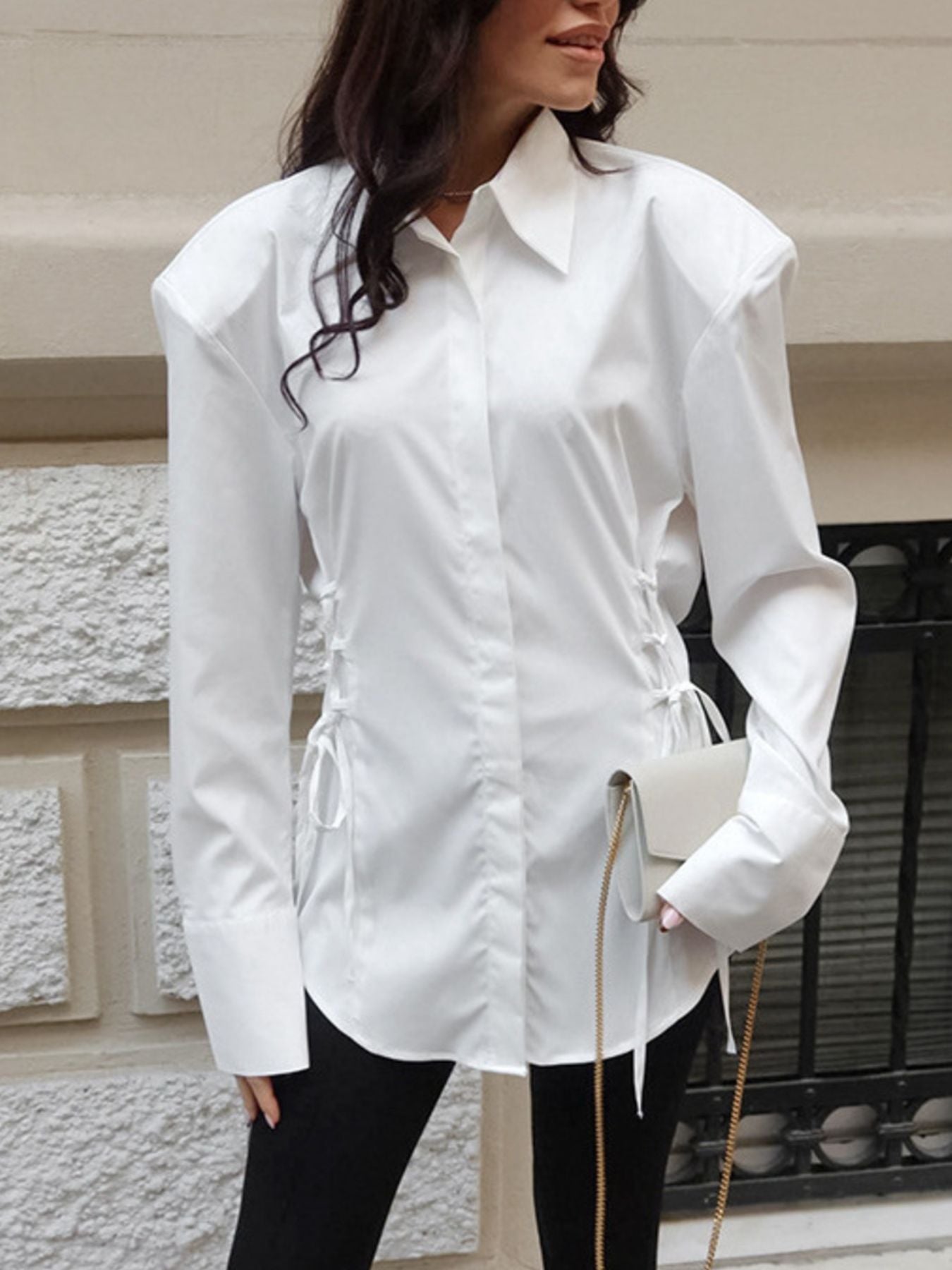 White Button Up Side Lace Up Shirt