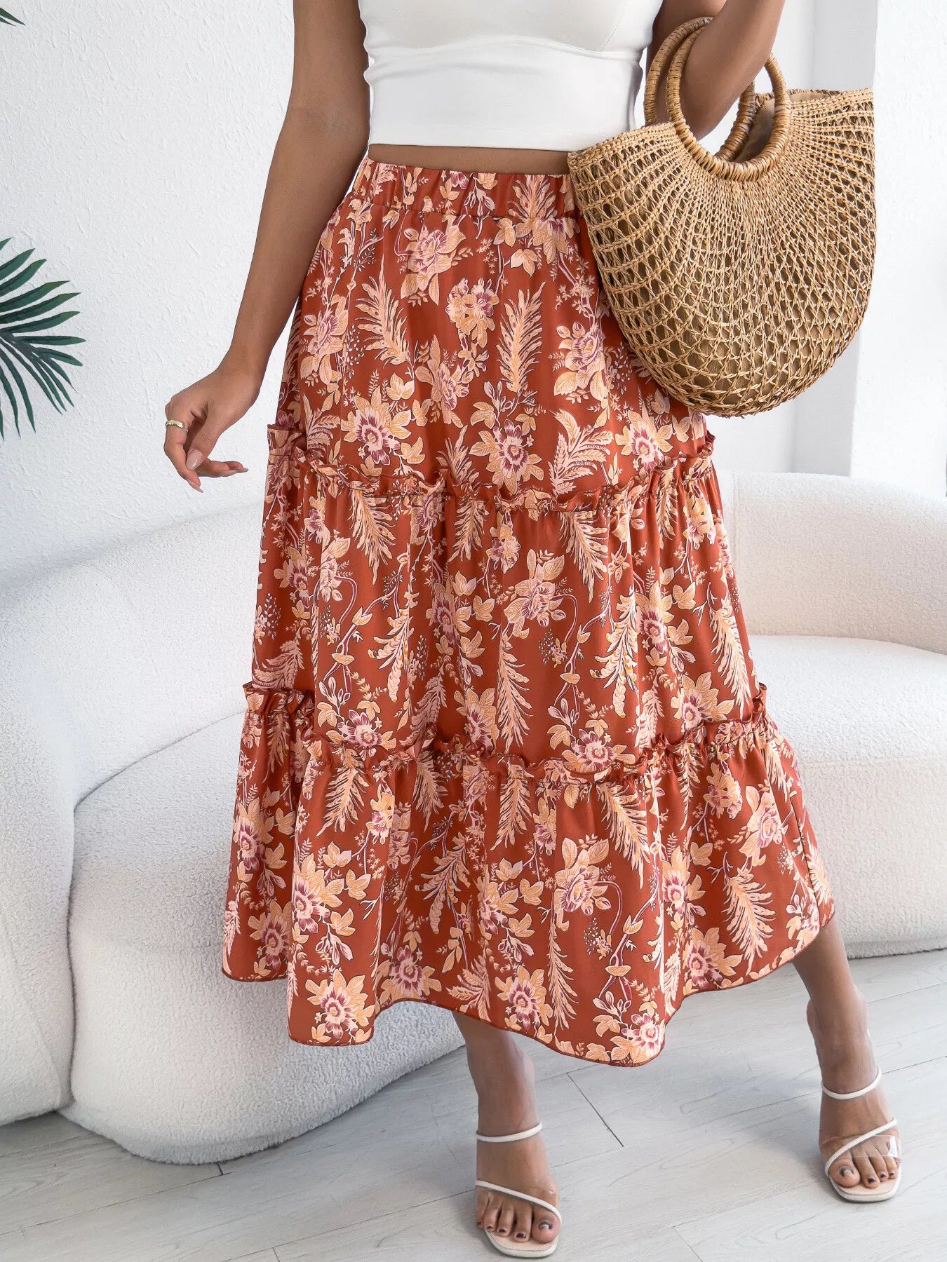 Floral Print Ruffle Hem Flowy Midi Skirt