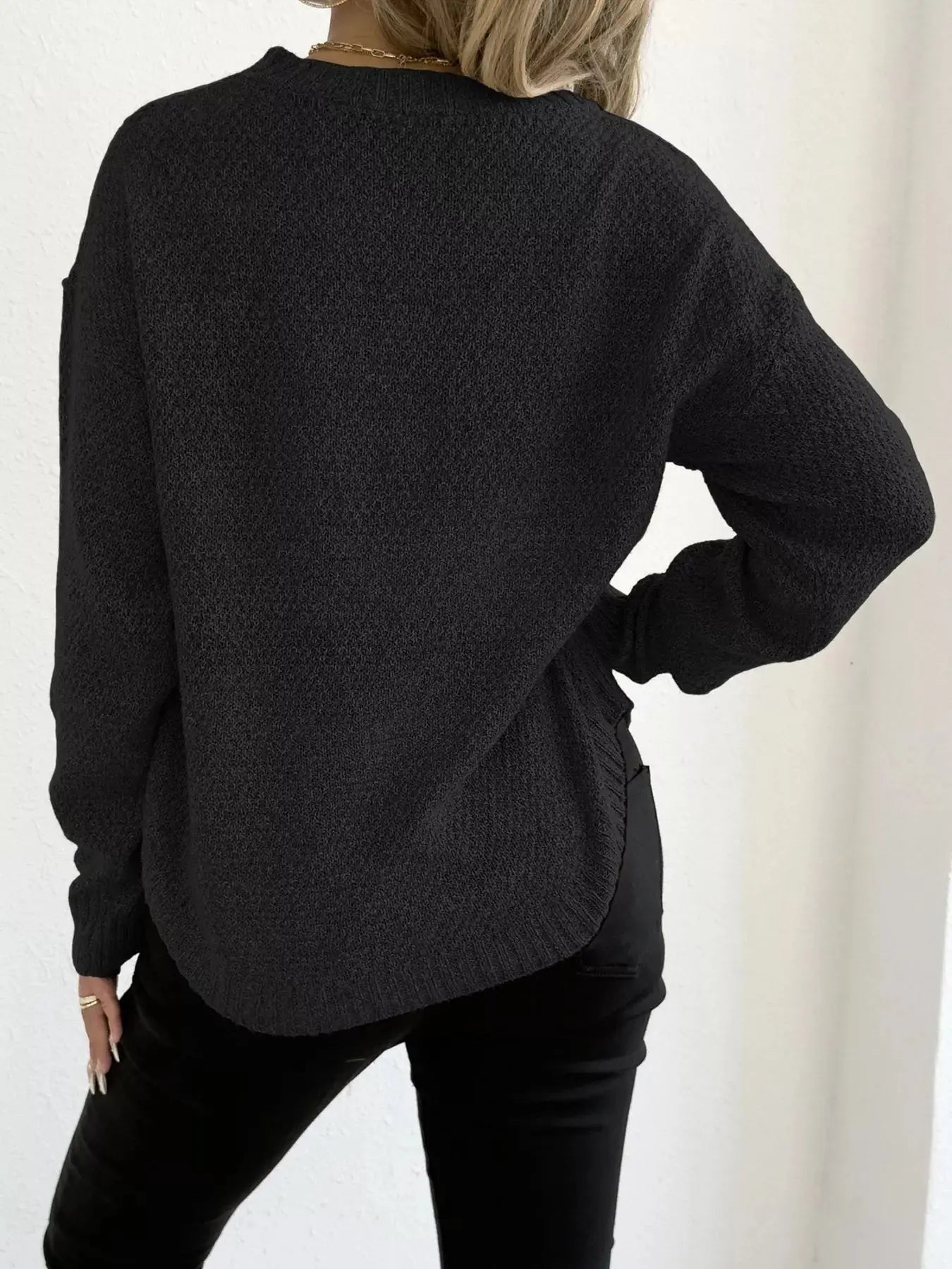 Round Neck Textured Knit Relaxed Fit Sweater