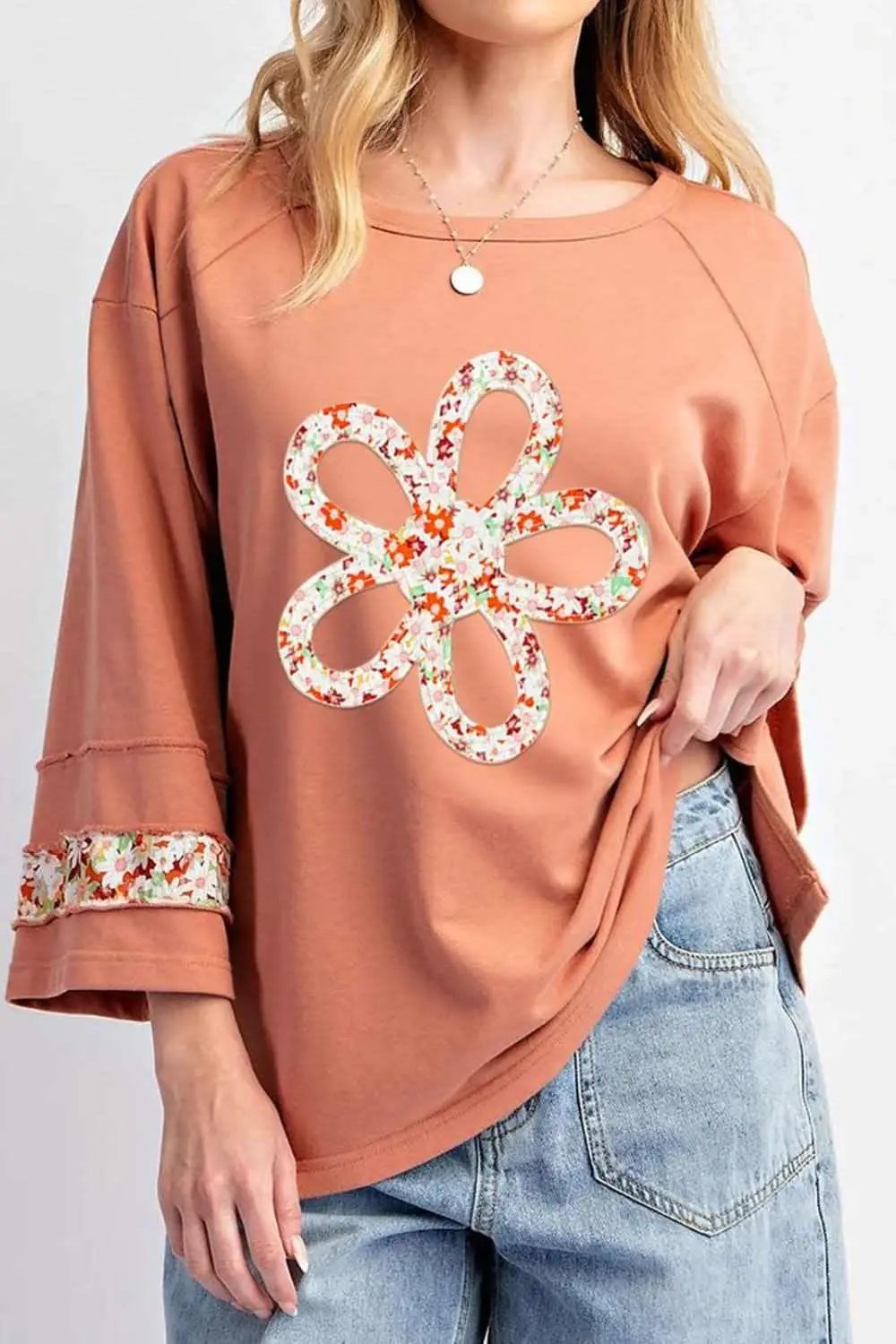 Shirts Trendsi Floral Blouse Women's Chic Round Neck Top Slits & Seams