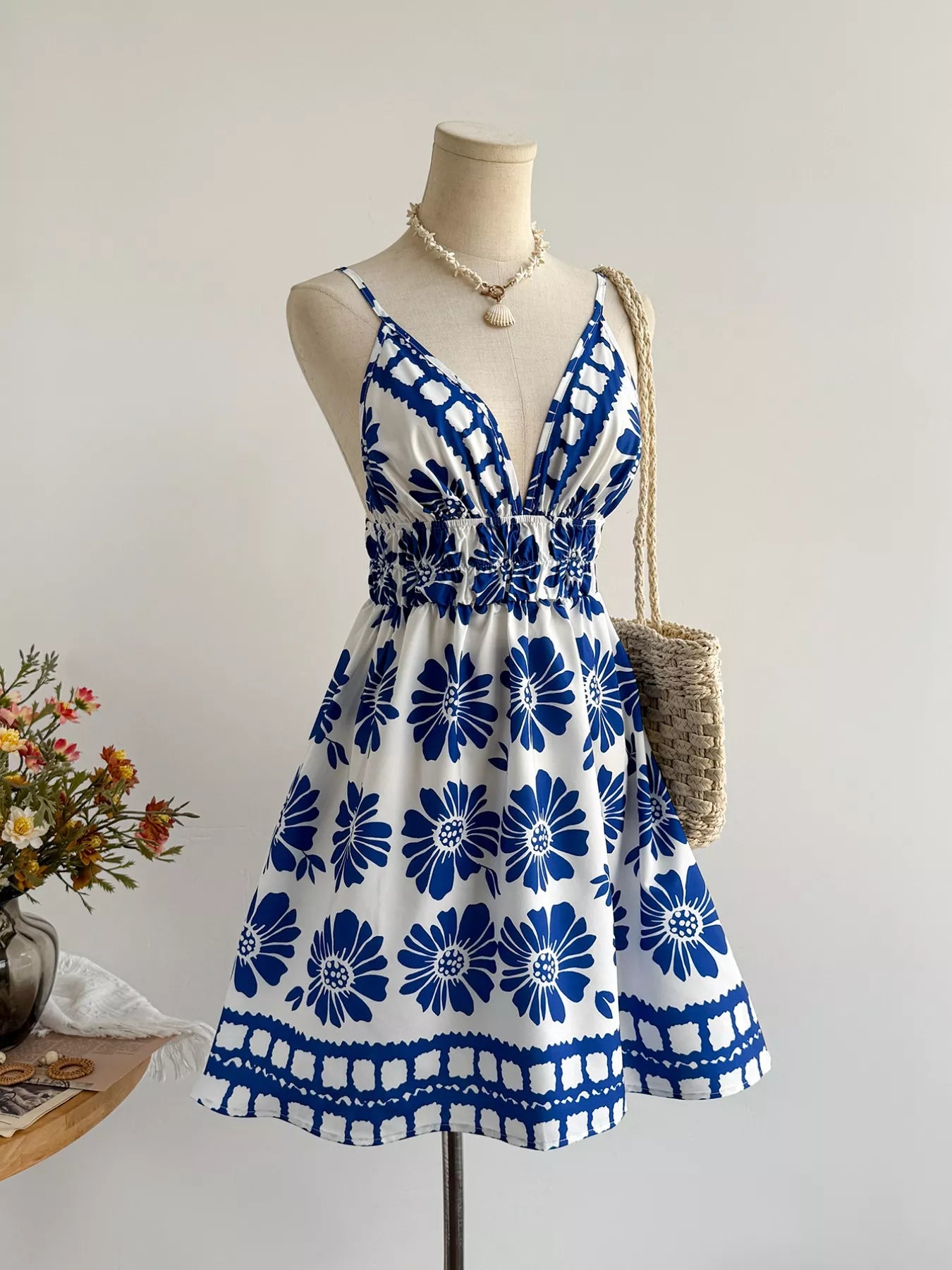 Floral Print V Neck Mini Dress