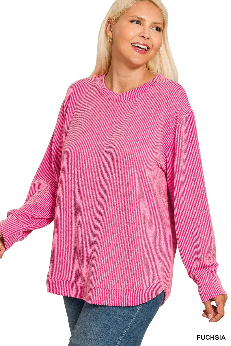 Zenana Plus Size Raised Rib Round Neck Long Sleeve Top