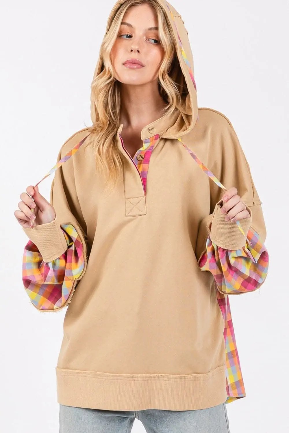 Jackets Trendsi SAGE+FIG Plaid Hoodie Women's Casual Comfy Washed Pullover
