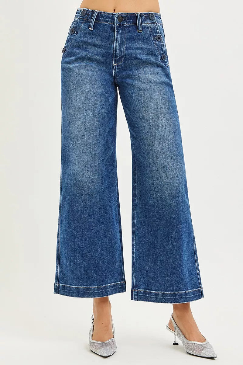 RISEN Jeans - High Rise Wide Leg Jeans With Pocket Button Detail