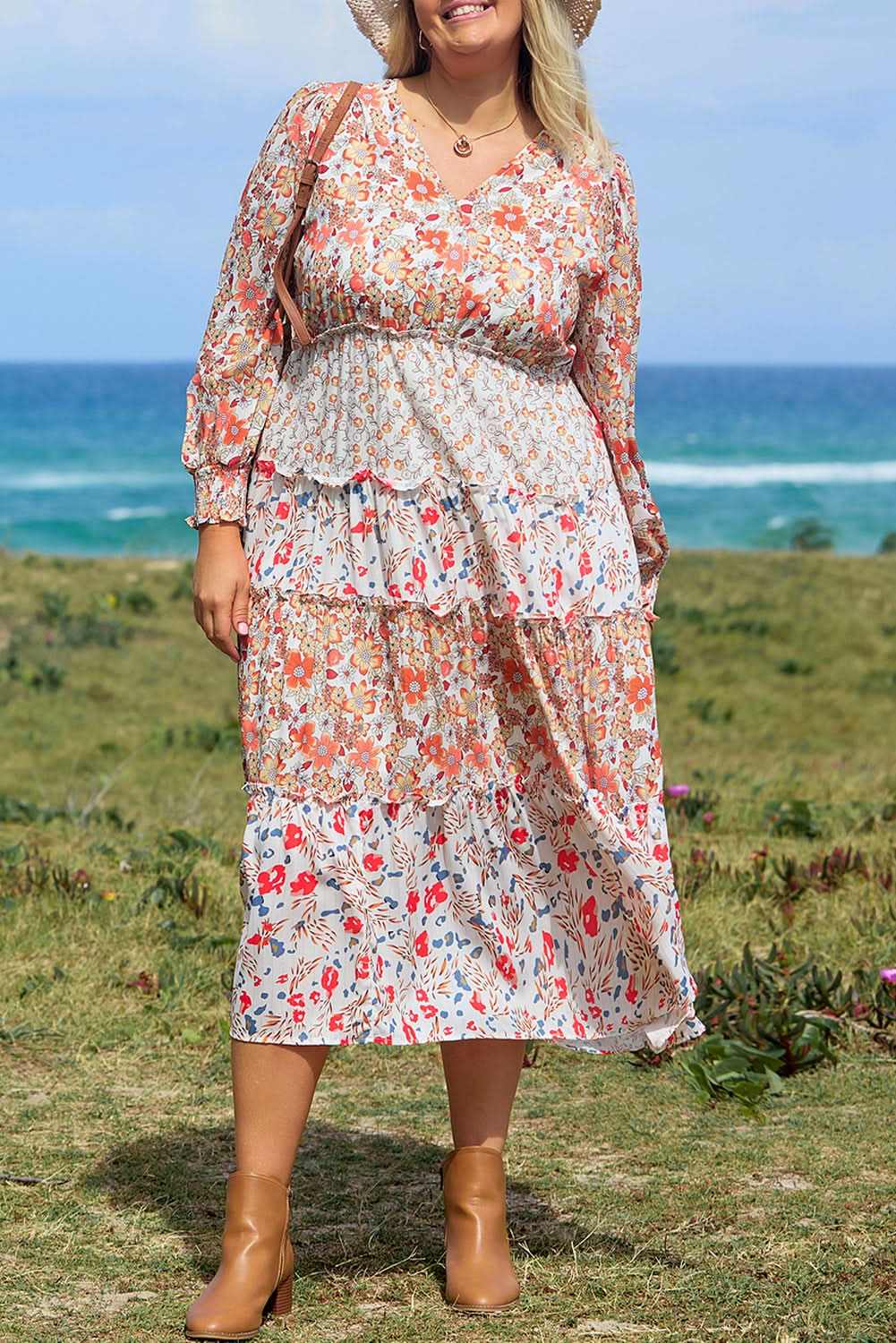 Dresses Love Salve Khaki Floral Maxi Dress Women's Fall Southern Belle Style + Comfy Fit