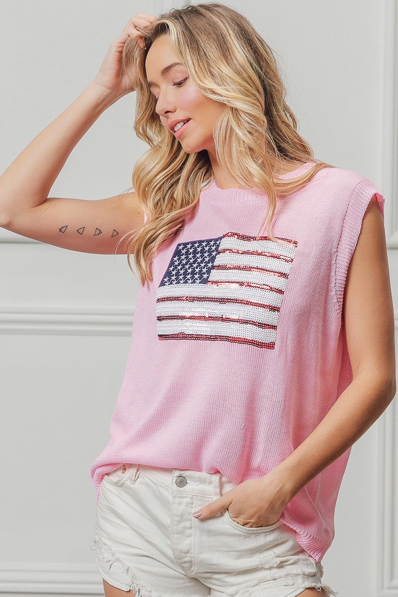 American Flag Sequins Patch Sleeveless Pink Knit Top