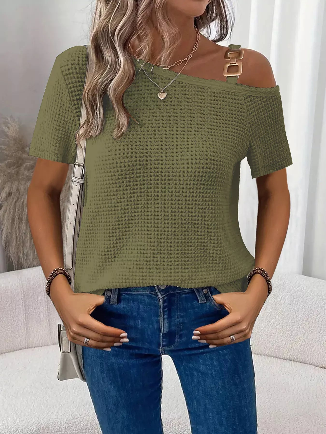 Chain Detail Waffle Knit One Shoulder T Shirt