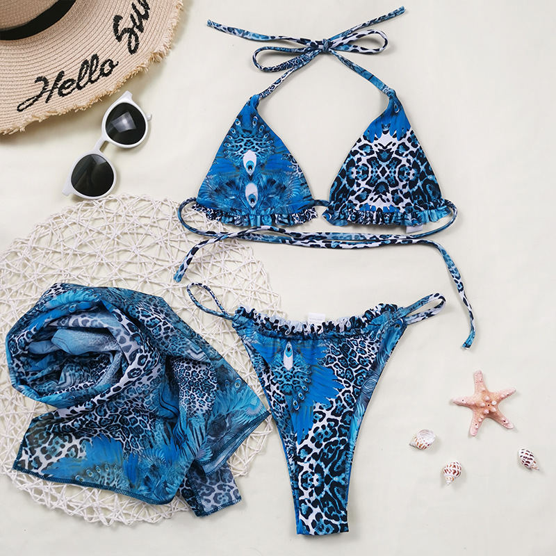 Sexy triangle micro bikini 3-piece swimsuit mesh skrit swimsuit Retro print swimwear women String low waist bathing suit