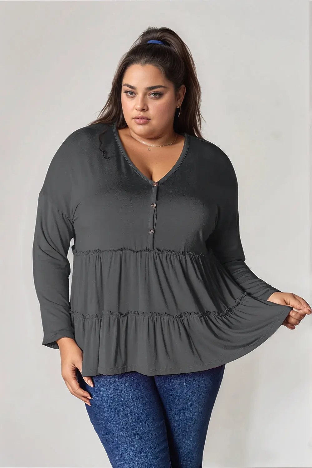 Women's Blouse Blouse - Ruffle Hem Half Button - Long Sleeve Top