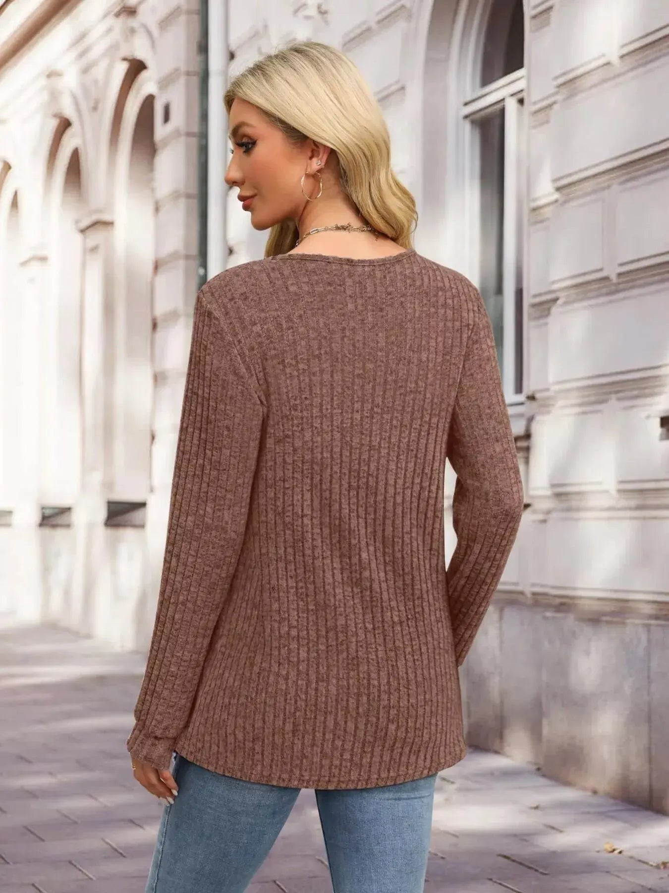 Ribbed Knit Button Front Long Sleeve T Shirt