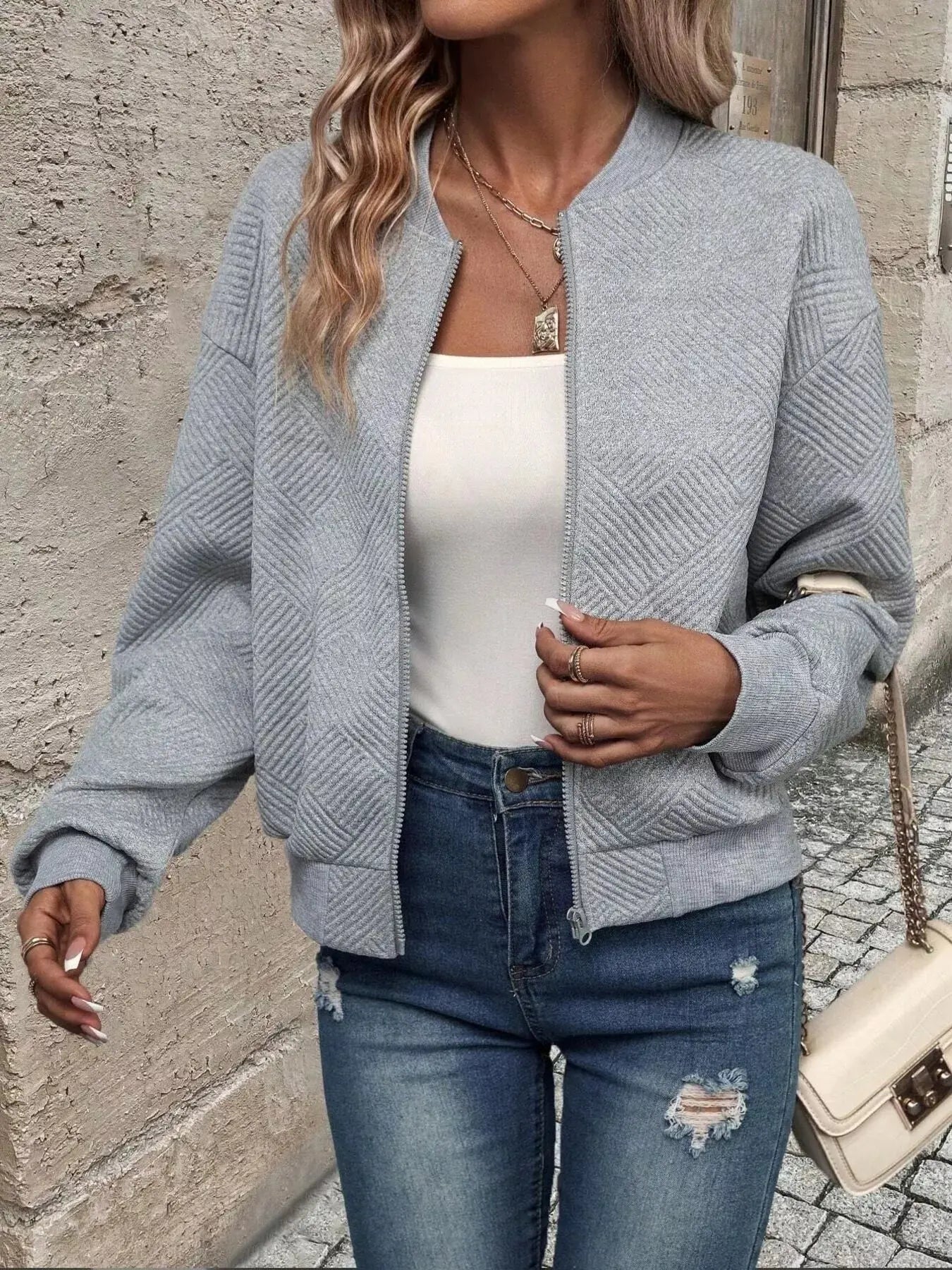 Texture Zip Up Bomber Jacket