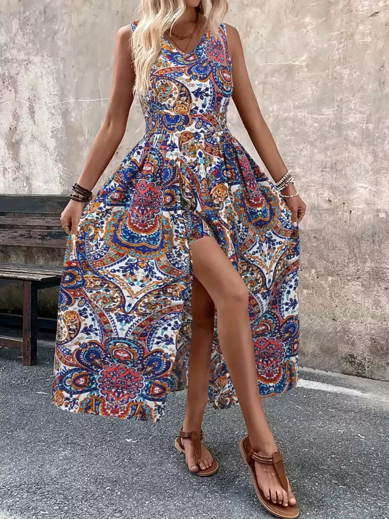 Paisley Print Sleeveless Romper with Long Top