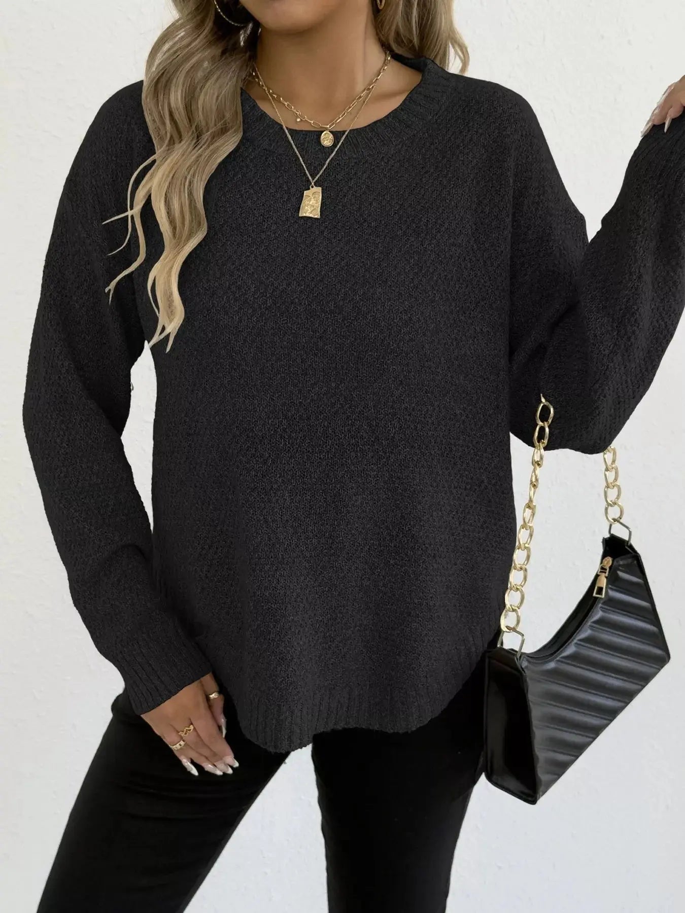 Round Neck Textured Knit Relaxed Fit Sweater
