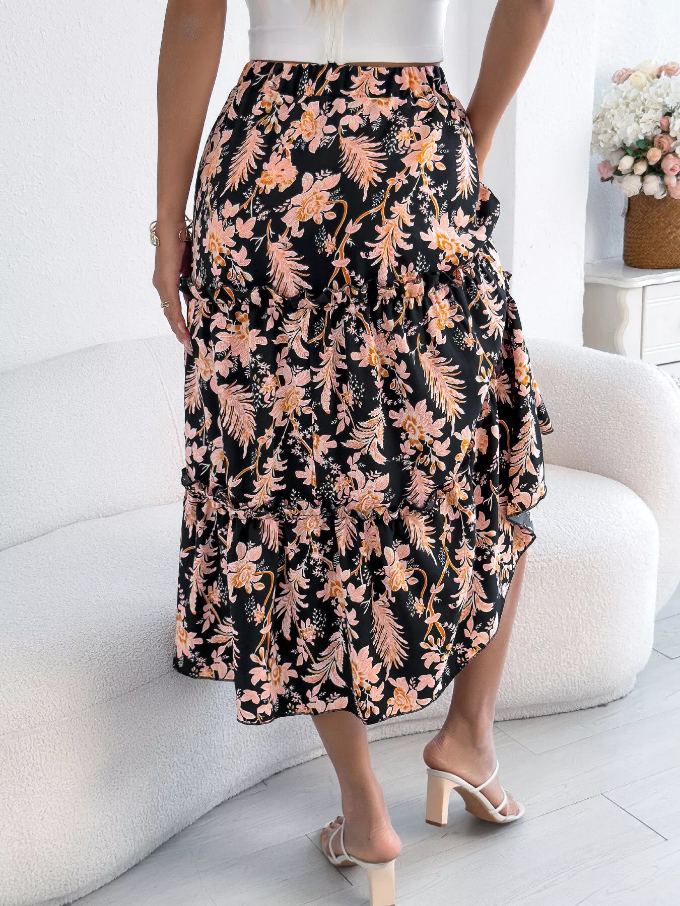 Floral Print Ruffle Hem Flowy Midi Skirt