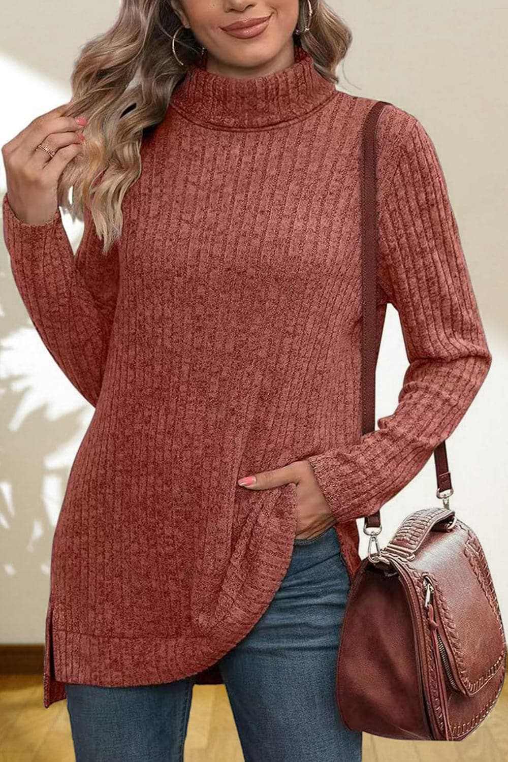 Cerise Turtleneck Sweater by Trendsi – Quality High-Low Hem Style
