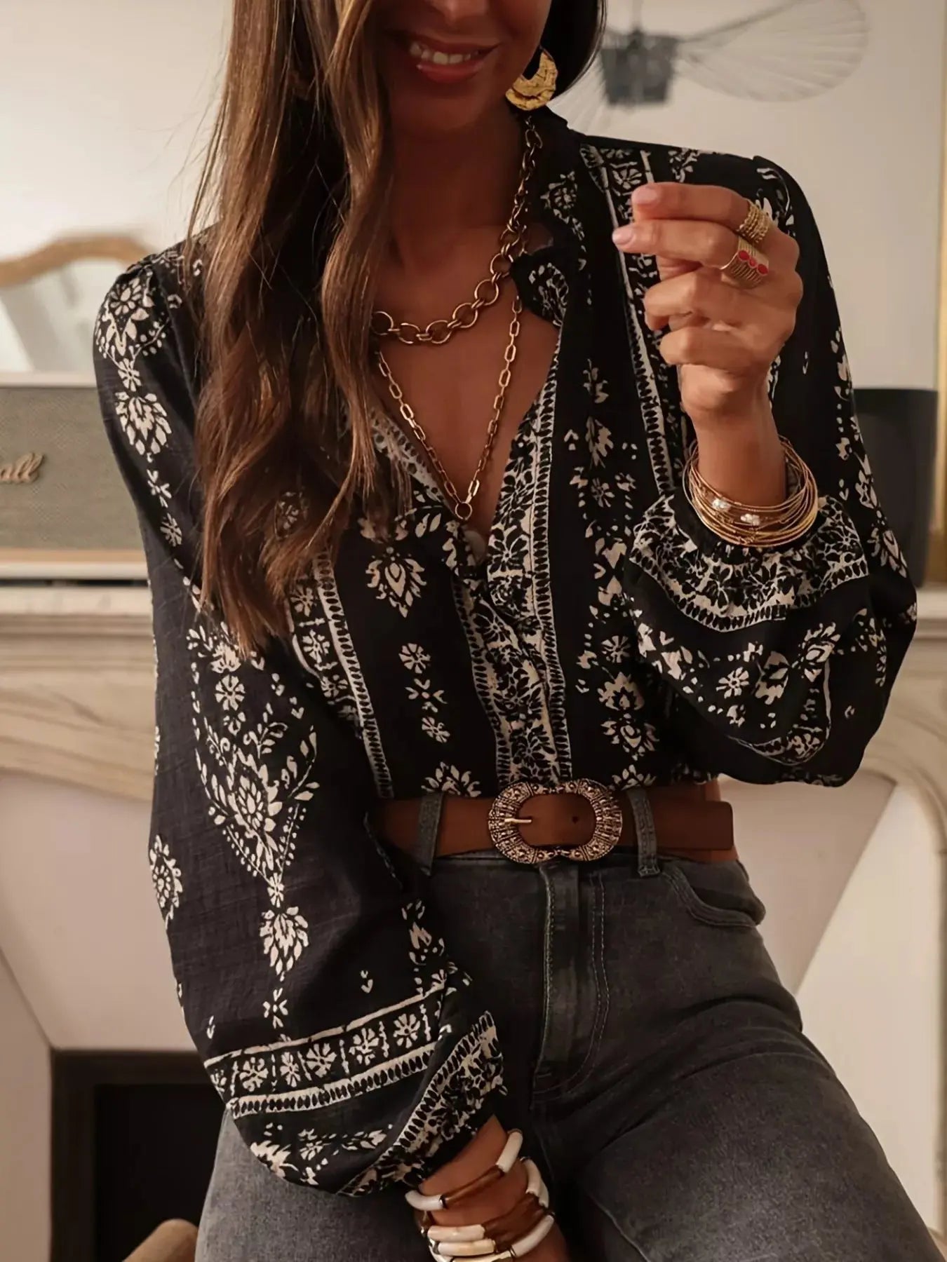Printed Long Sleeve Boho Blouse