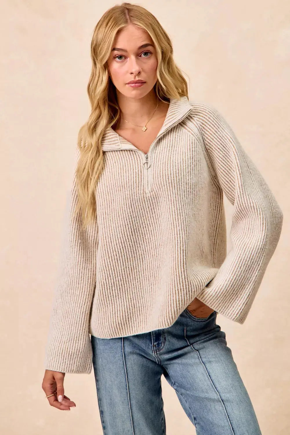 BiBi Two Tone Ribbed Textured Knit Sweater with Zip Up Collar
