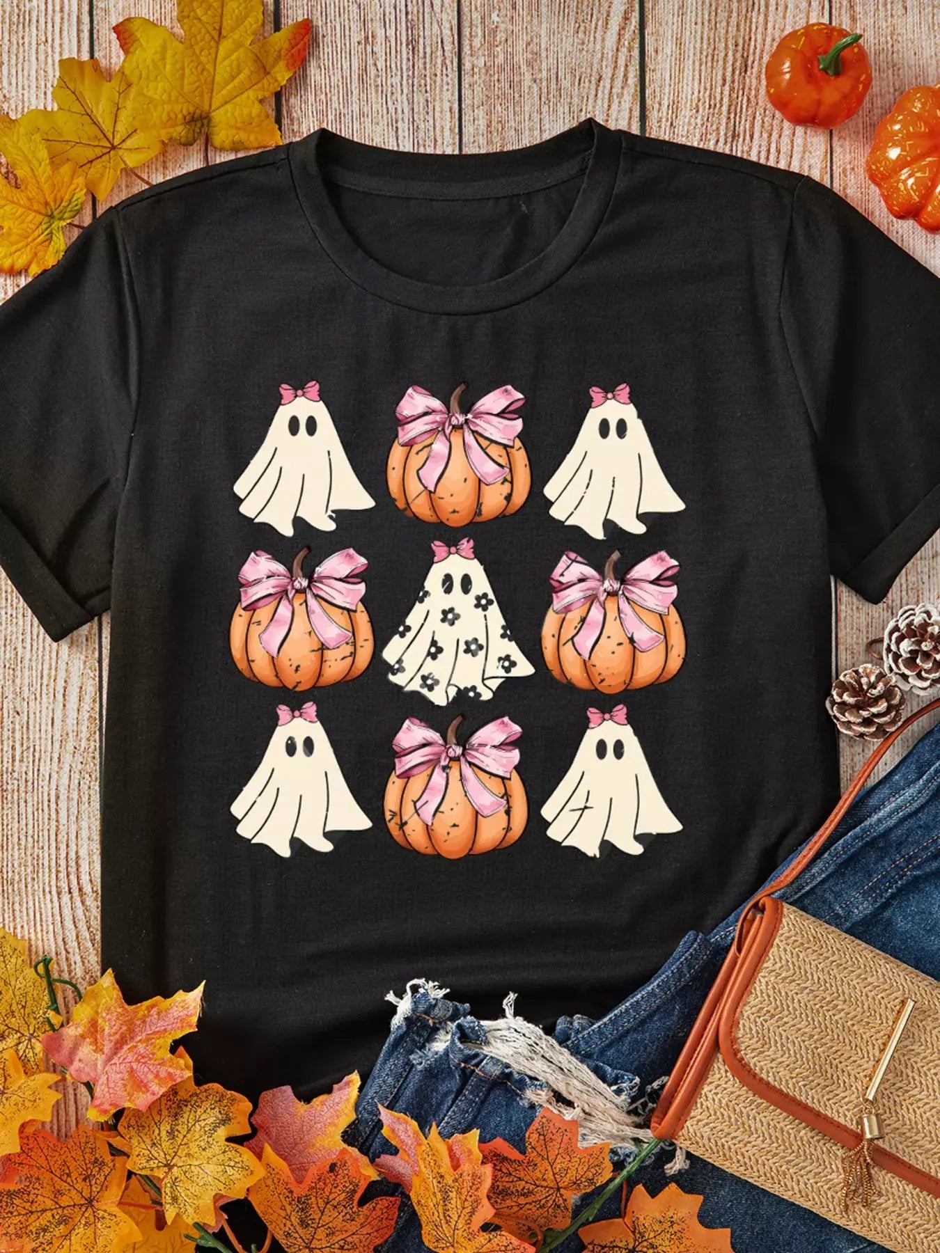 Bowknot Ghost Pumpkin Halloween Graphic T Shirt