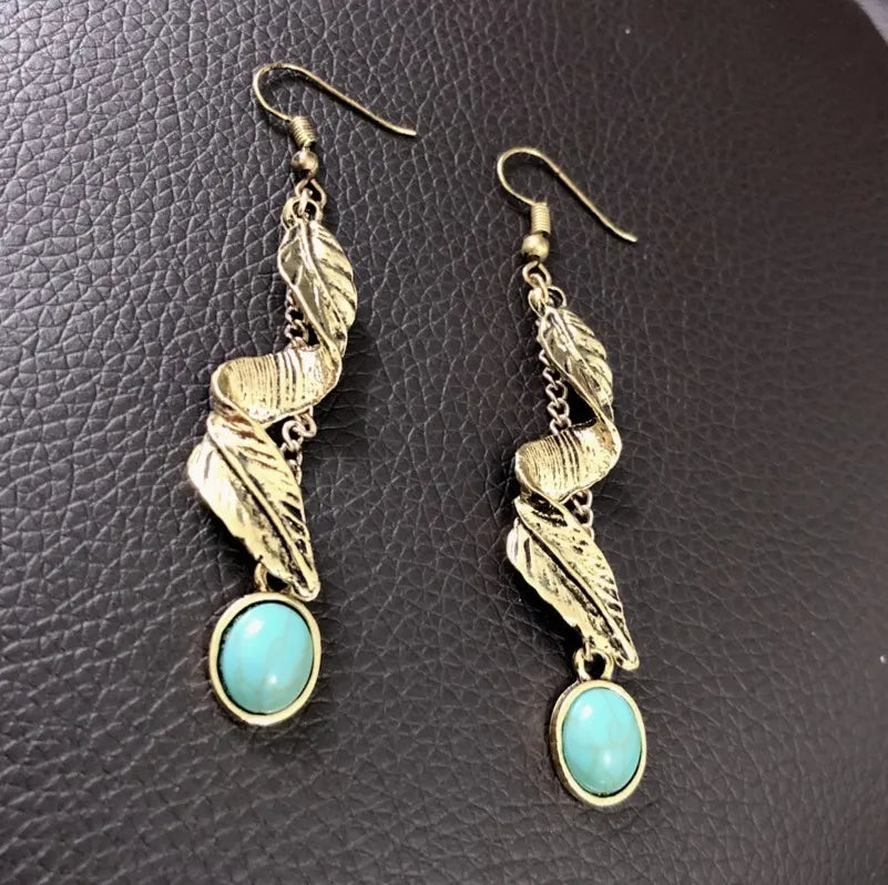 Artificial Turquoise Alloy Leaf Earrings