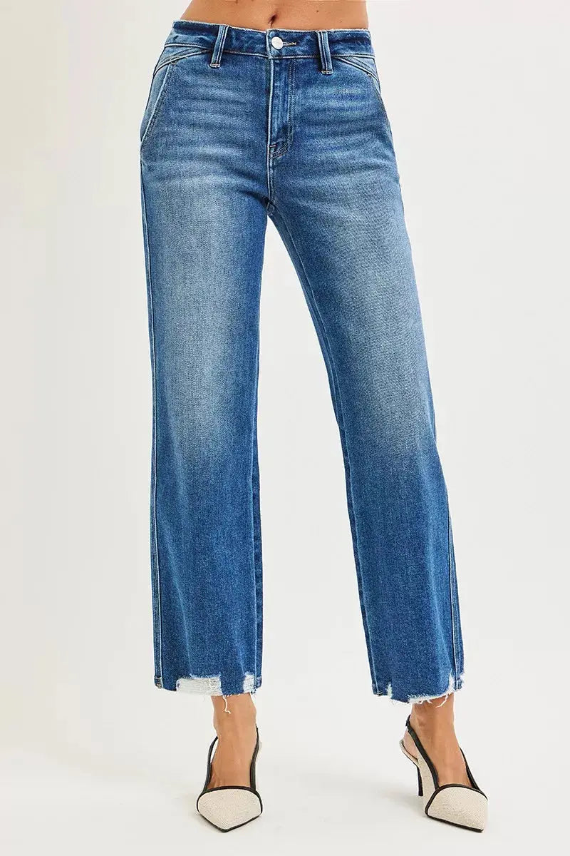 RISEN Jeans - High Rise Ankle Straight Distressed Hem Detail Jeans