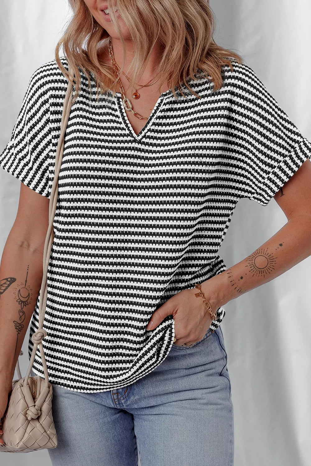Stripe Textured Knit Notched Neck Cuffed Short Sleeve Shirt