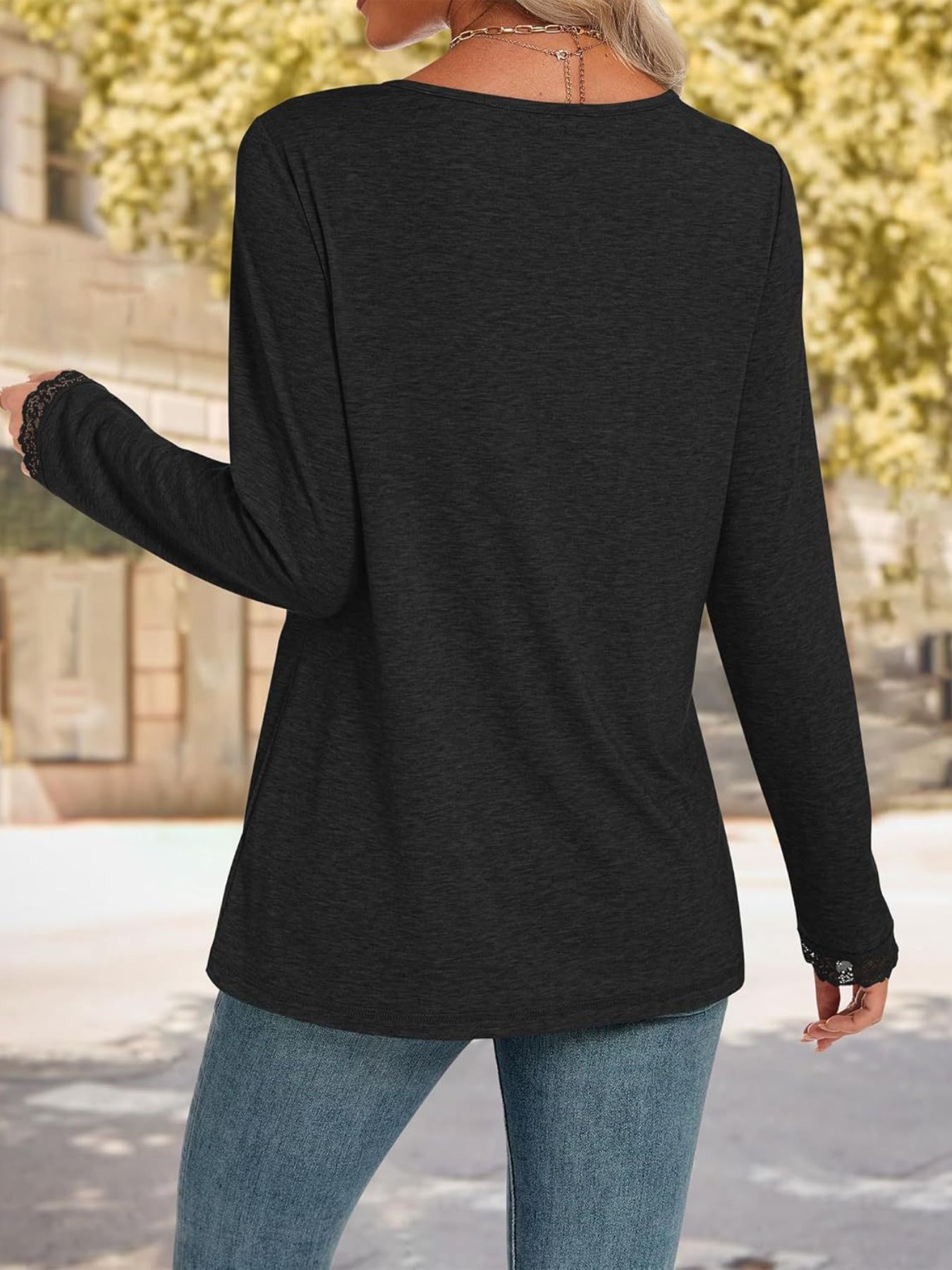 Women's Lace Trim V Neck Long Sleeve Top