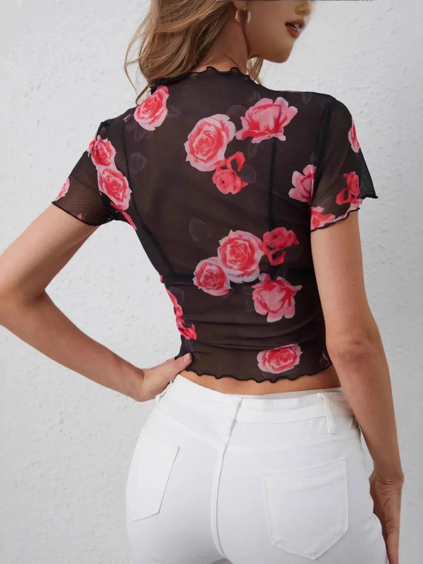 Rose Print Fitted Womens Mesh Shirt