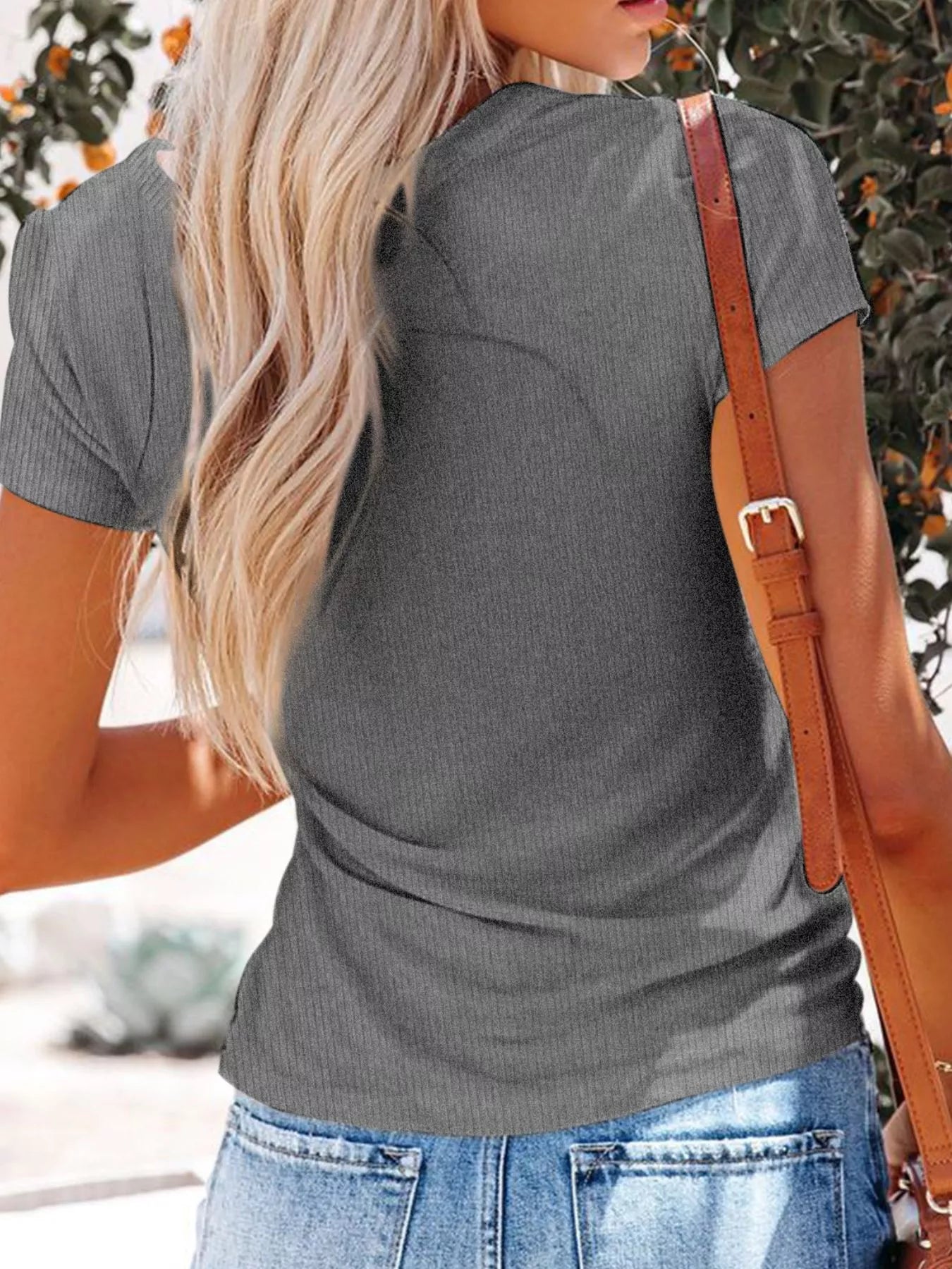 Full Size Casual Button Detail Womens V Neck T Shirt