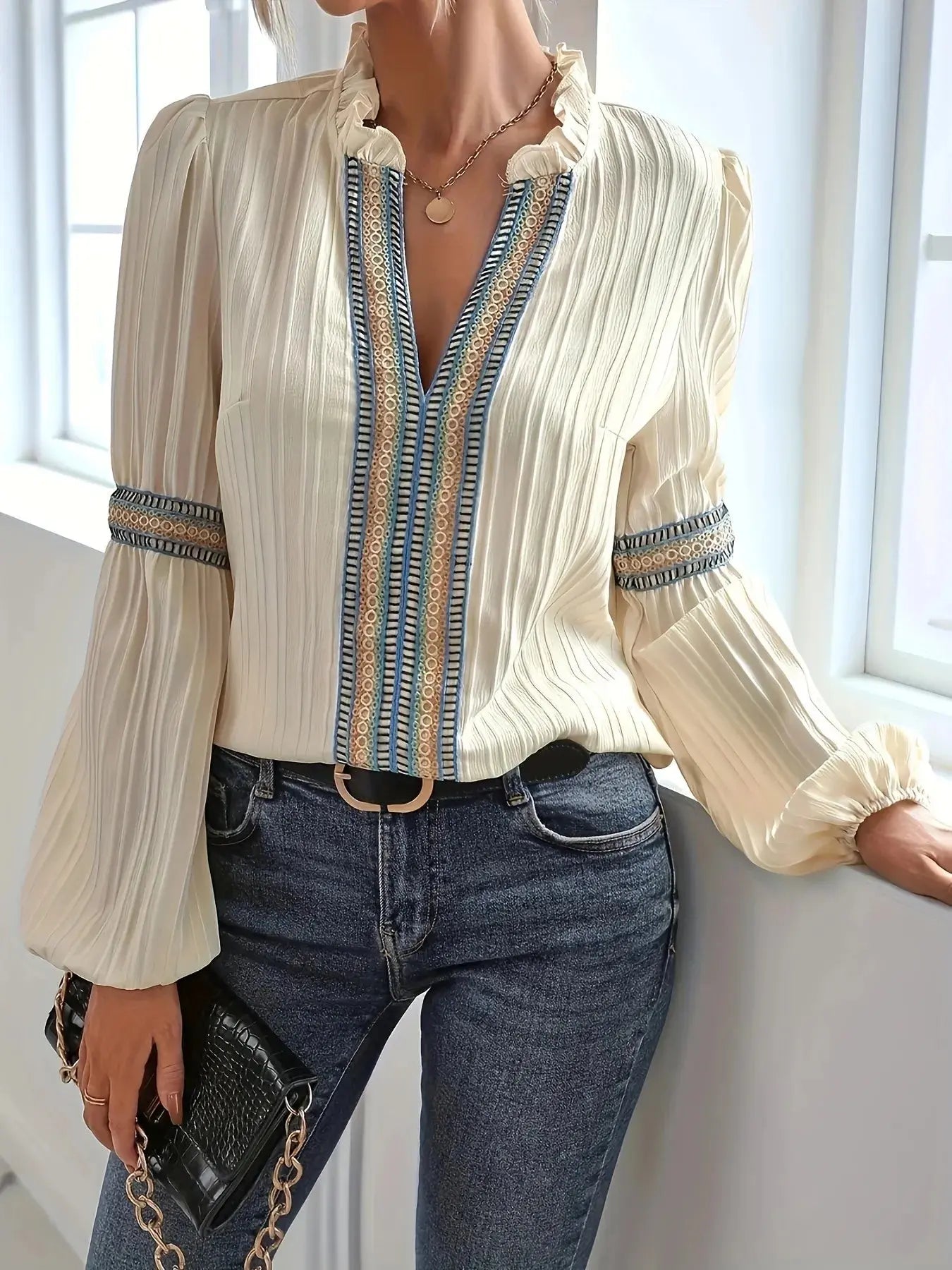 Textured Notched Balloon Sleeve Elegant Blouse