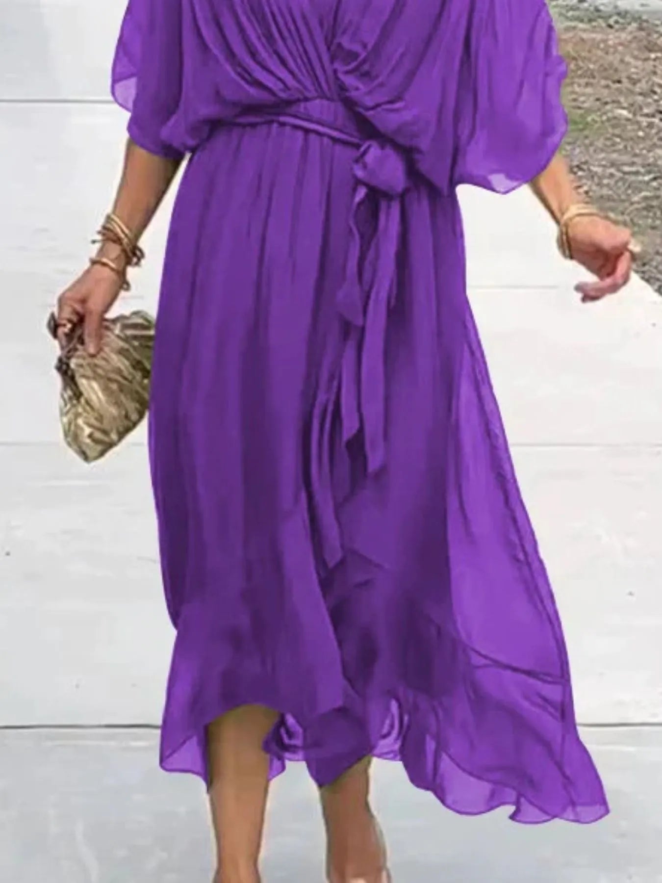 Flowy Tie Front Midi Dress with Flutter Sleeves