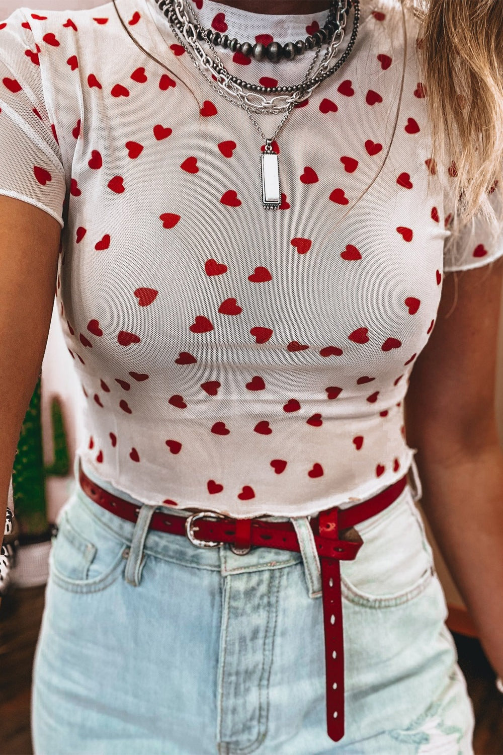 Women's Sheer Heart Print Fitted Mesh Blouse