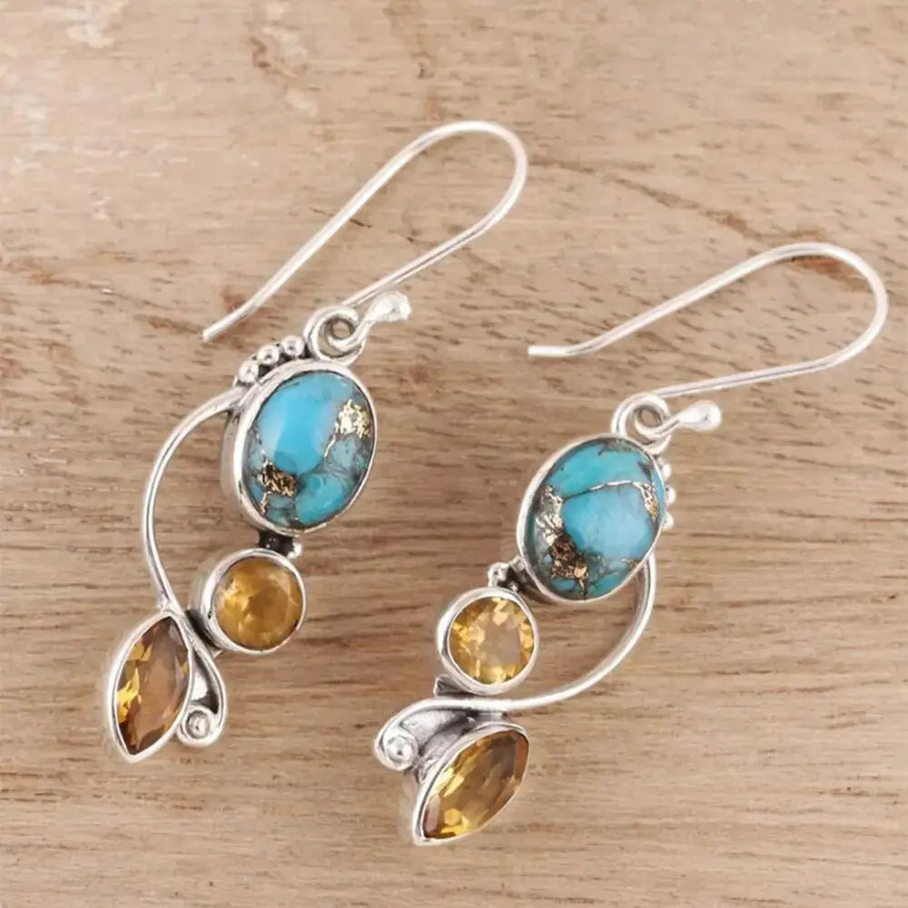 Turquoise & Amber-Inspired Geometric Alloy Dangle Earrings