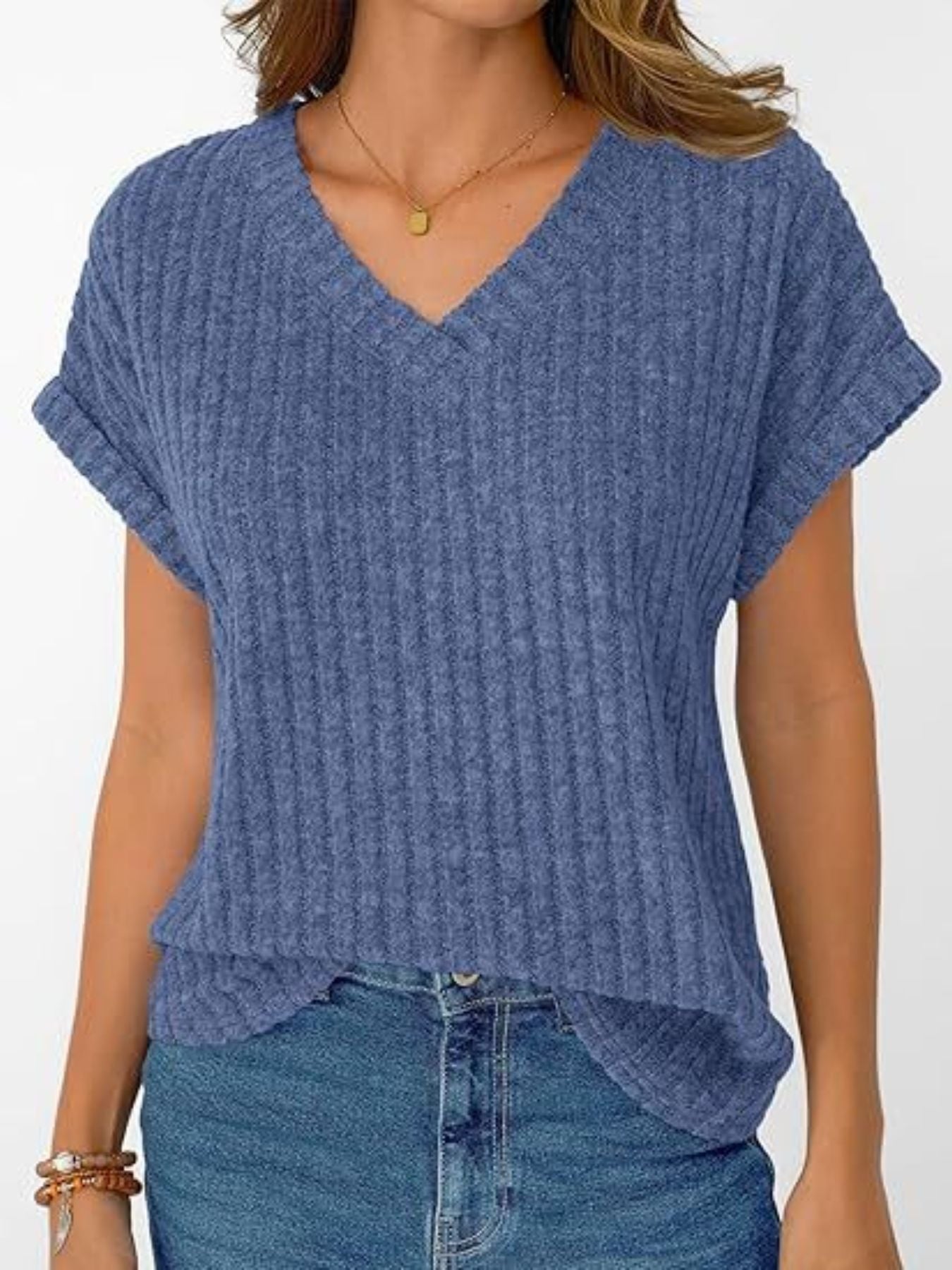 Ribbed Knit V Neck Relaxed Fit T Shirt