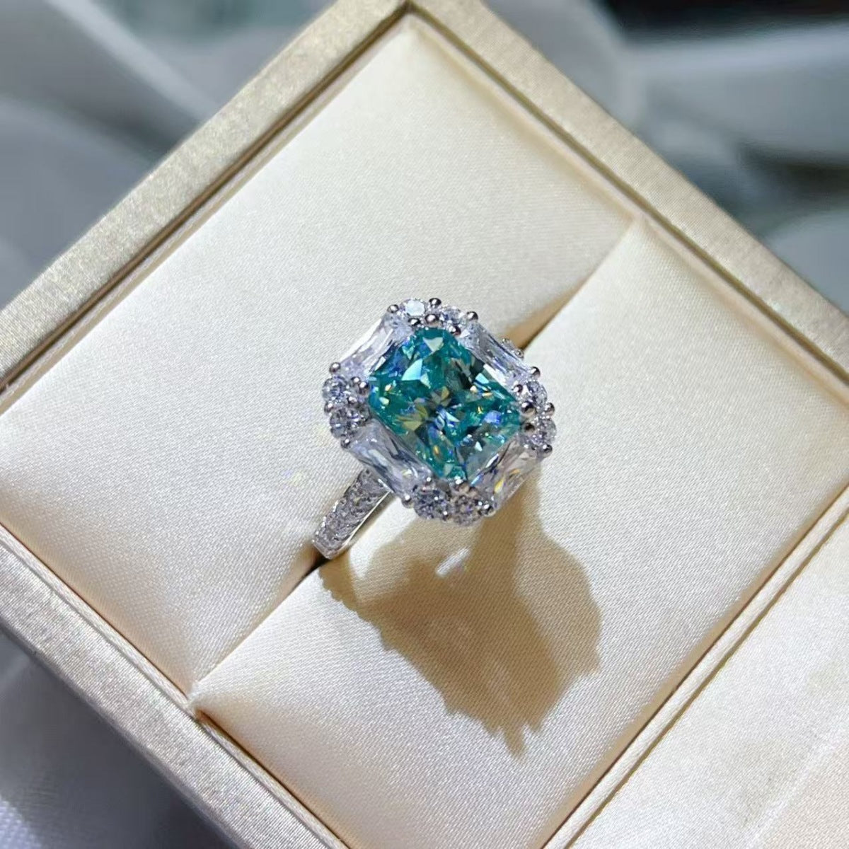 Blue 3 Carat Moissanite Ring 925 Sterling Silver