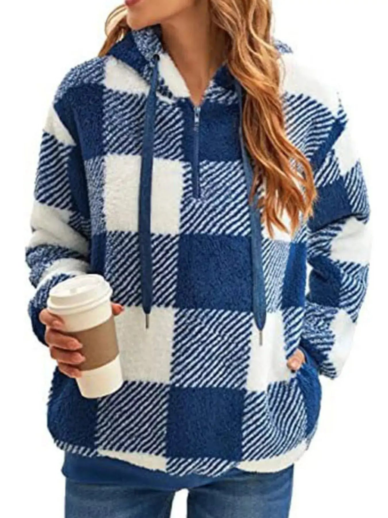 Plus Size Plaid Drawstring Sherpa Hoodie