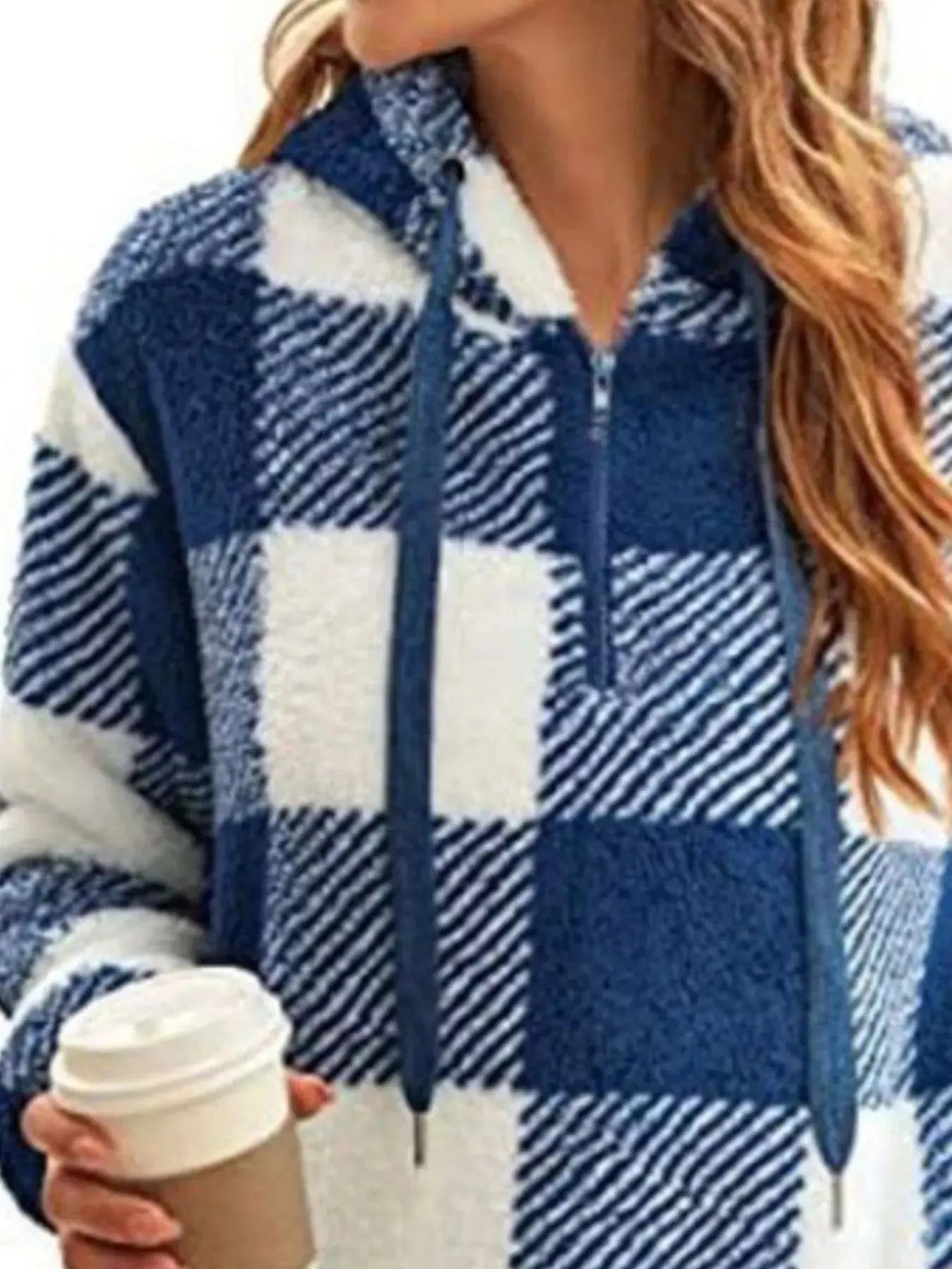Plus Size Plaid Drawstring Sherpa Hoodie
