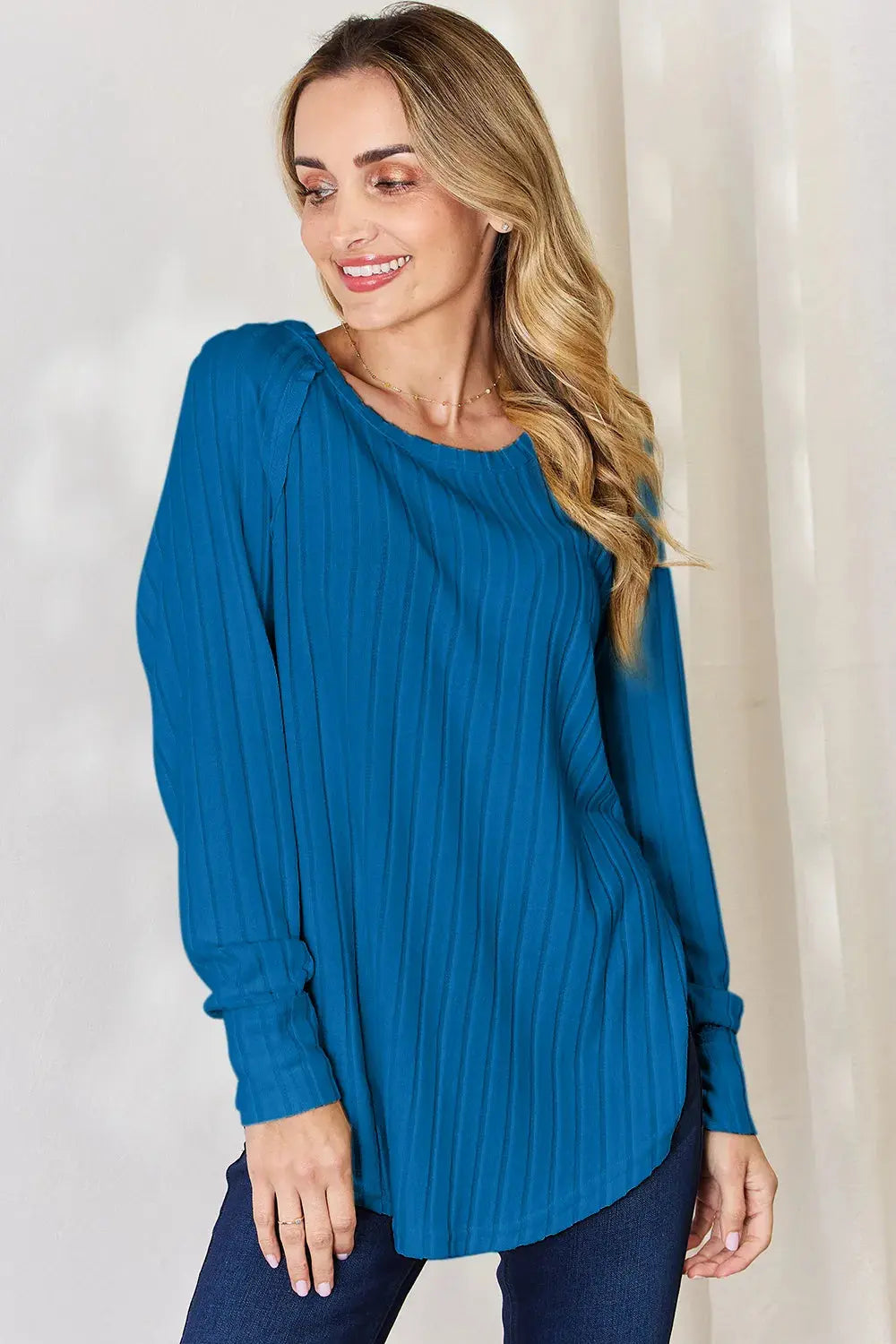Basic Bae Ribbed Round Neck Slit Womens Long Sleeve T Shirt – Full & Plus Size